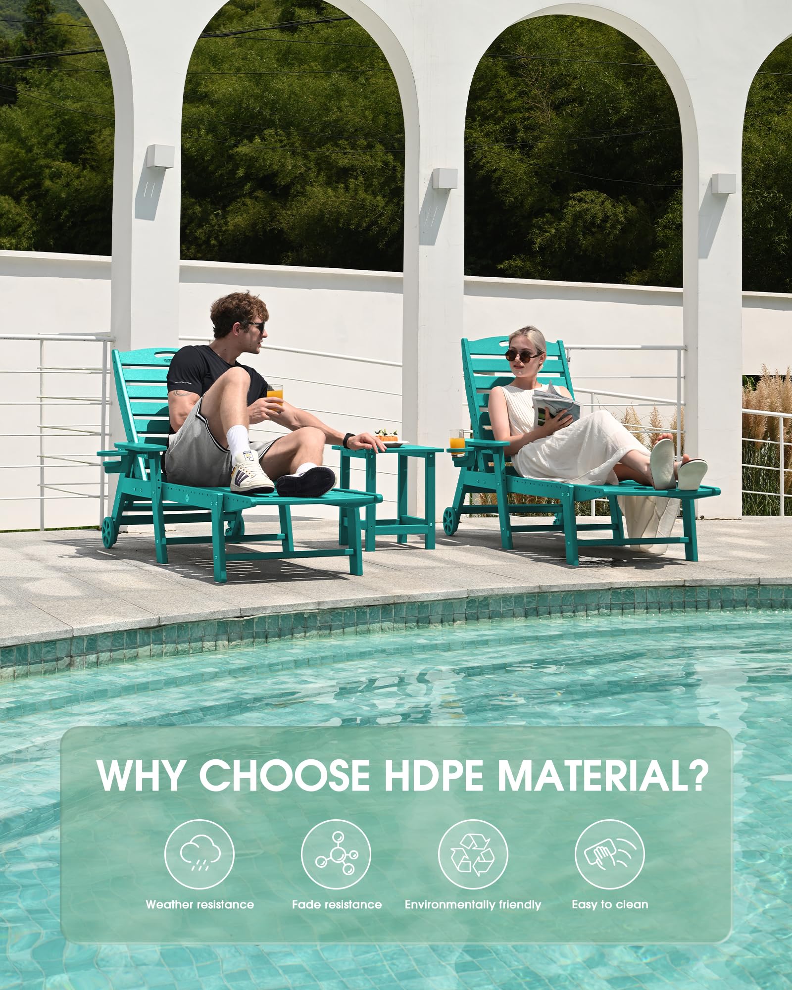 Lounge Chair Outdoor Set of 2, HDPE Chaise Lounge Outdoor, Pool Lounge Chair for Pool Poolside Deck Backyard Patio, Teak
