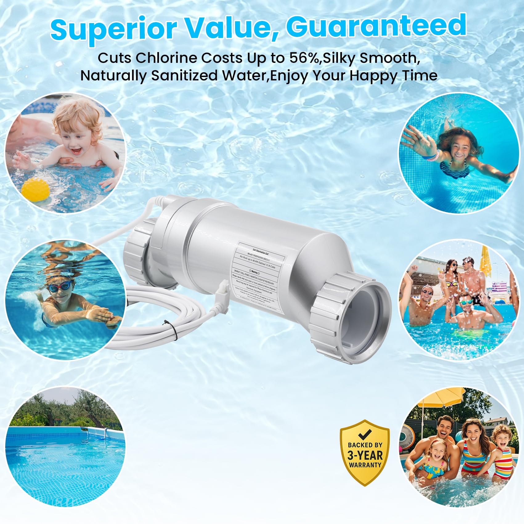 Salt Cell Replacement for Hayward T-Cell-15 – 3+ Year Titanium Core, Cuts Chlorine Costs Up to 56%, Compatible with AquaRite/AquaTrol/ProLogic/AQ-Logic Firmware 1.50+, 40,000 Gallon Pools