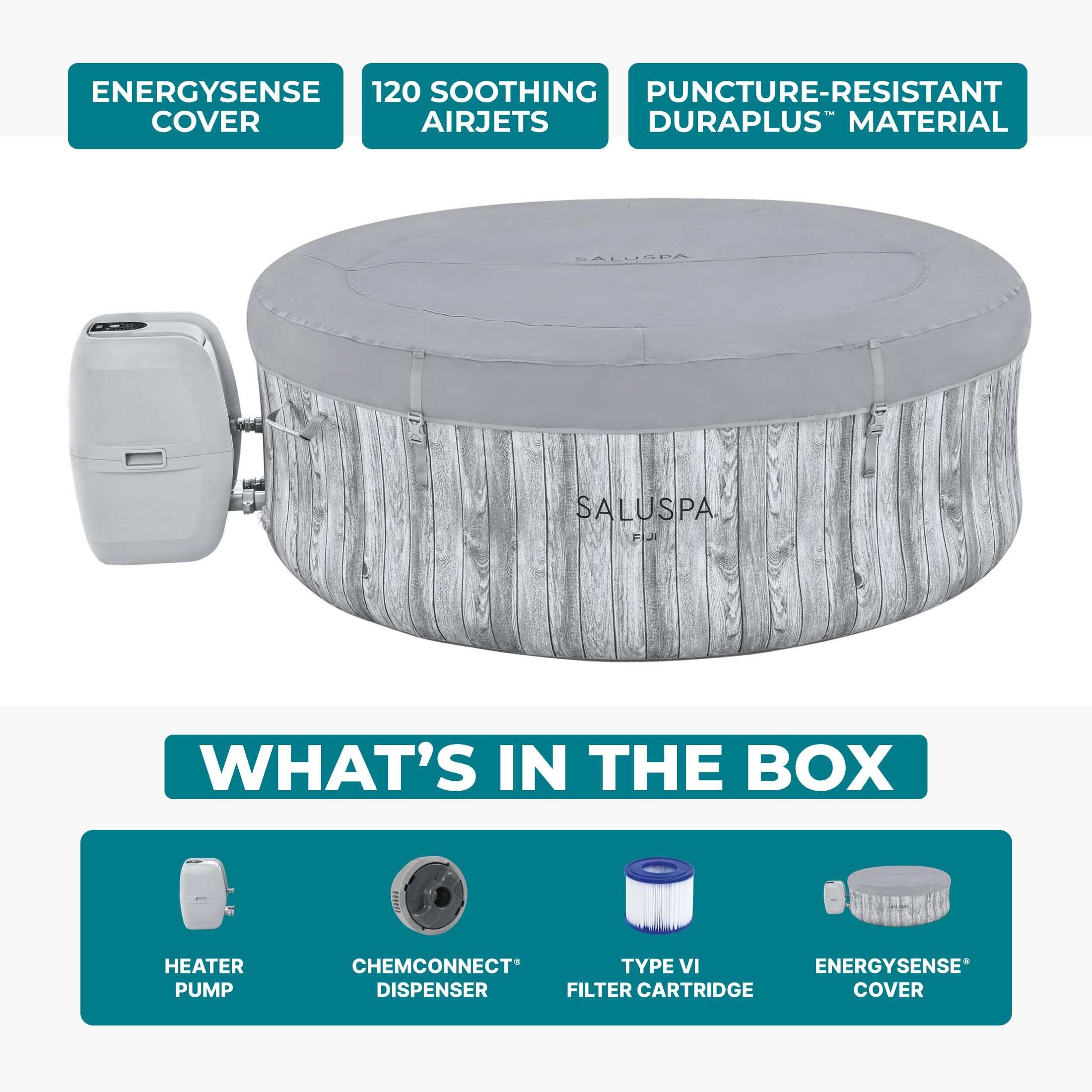 Bestway SaluSpa Fiji 2 to 4 Person Inflatable Hot Tub, Round Energy-Efficient Portable Outdoor Spa with 120 AirJets, 71" x 26"