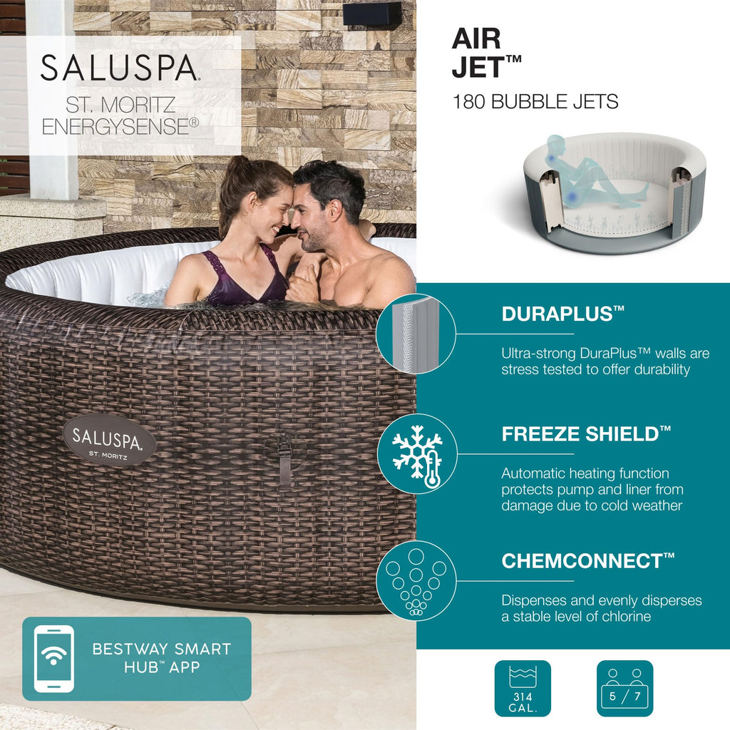 Bestway SaluSpa St Moritz Large Round AirJet 7 Person Inflatable Hot Tub Portable Outdoor Spa with 180 Soothing AirJets and Cover, Brown