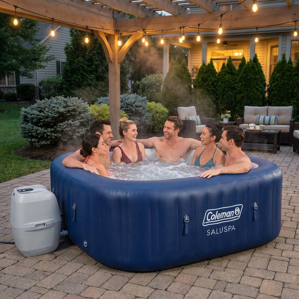 Coleman SaluSpa AirJet 4 to 6 Person Inflatable Hot Tub Square Portable Outdoor Spa with 140 Soothing AirJets and Insulated Cover, Gray