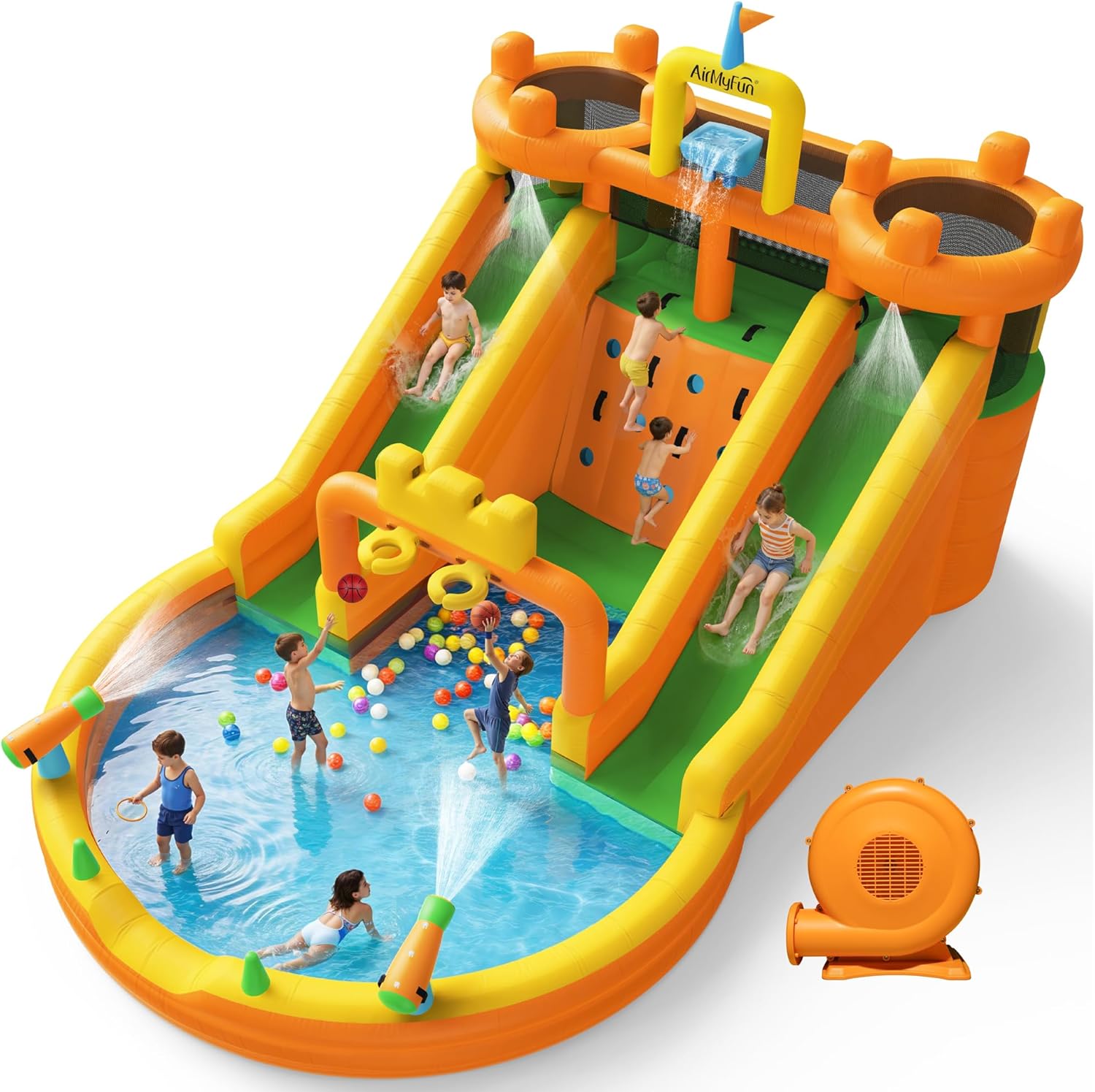 AirMyFun Inflatable Water Slide, 10 in 1 Multifunctional Water Park for Kids Backyard with Double Slides, Climbing Wall,2 Basketball Hoop,Dual Water Cannons, Inflatable Water Bounce House with Blower