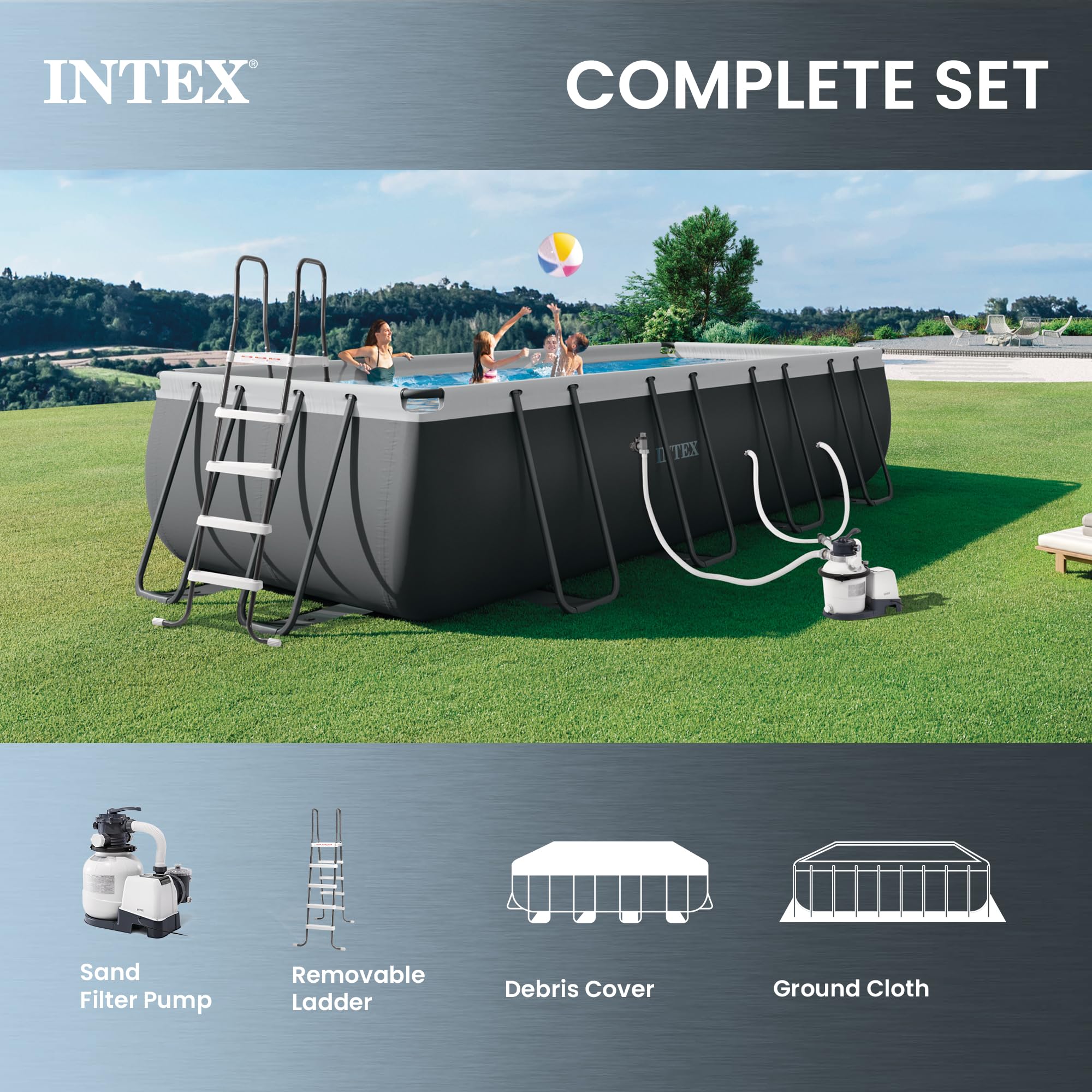 INTEX Ultra XTR 18 ft x 9 ft 52 in Above Ground Pool Set, Rectangular Swimming Pool with Steel Frame, 1500 GPH Sand Filter Pump, Ladder, Cover, & Ground Cloth