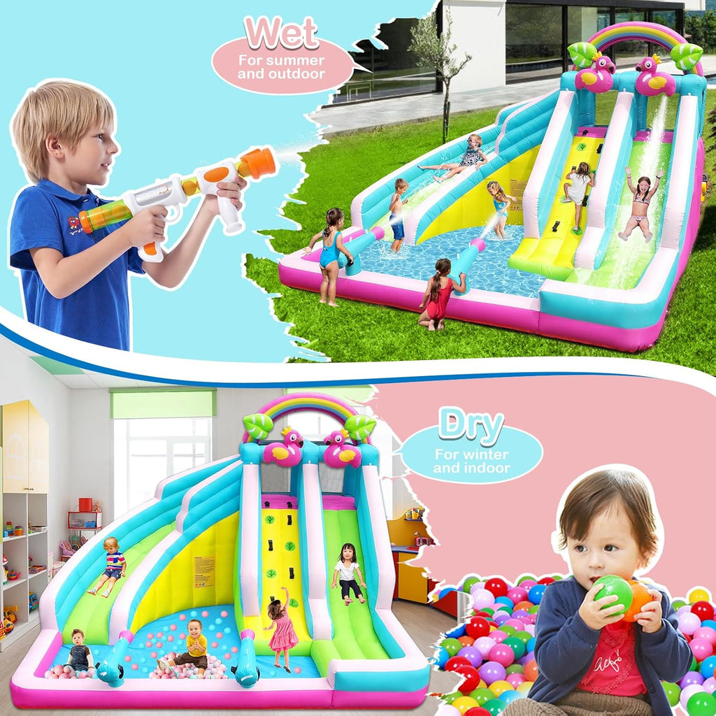 Inflatable Water Slide, 6 in 1 Blow Up Water Park Aged 3-10, Flamingo Style Water Bounce House with Double Long Slides, Splash Pool, 580W Blower Waterslide for Kids and Adults Backyard