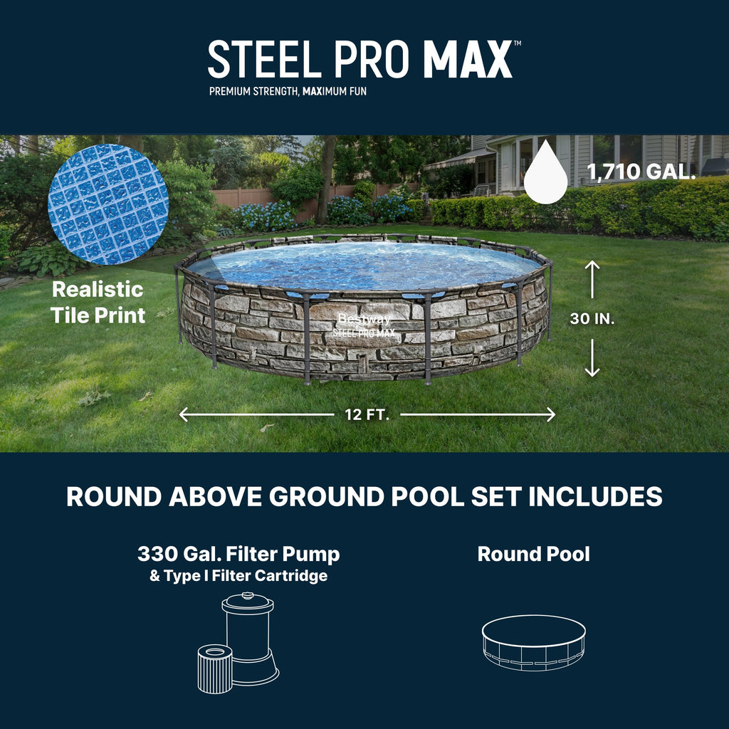 Bestway Steel Pro MAX 14' x 33" Round Above Ground Swimming Pool Set, 530 GPH Filter Pump, Tritech Puncture Resistant Liner, ClickConnect Steel Frame, Gray