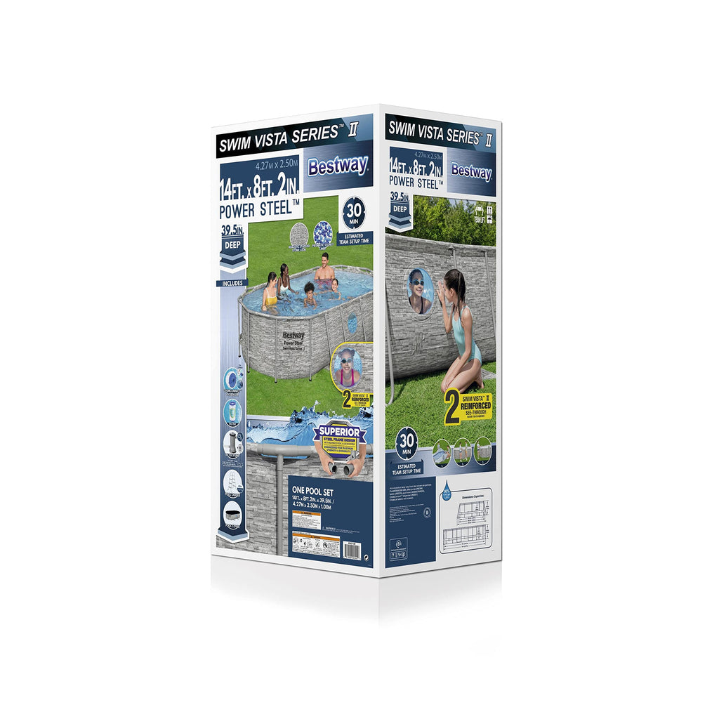 Bestway Steel Pro MAX 14' x 8'2" x 39.5" Oval Above Ground Swimming Pool Set, 530 GPH Filter Pump, Ladder, Tritech Puncture Resistant Liner, ClickConnect Steel Frame, Gray