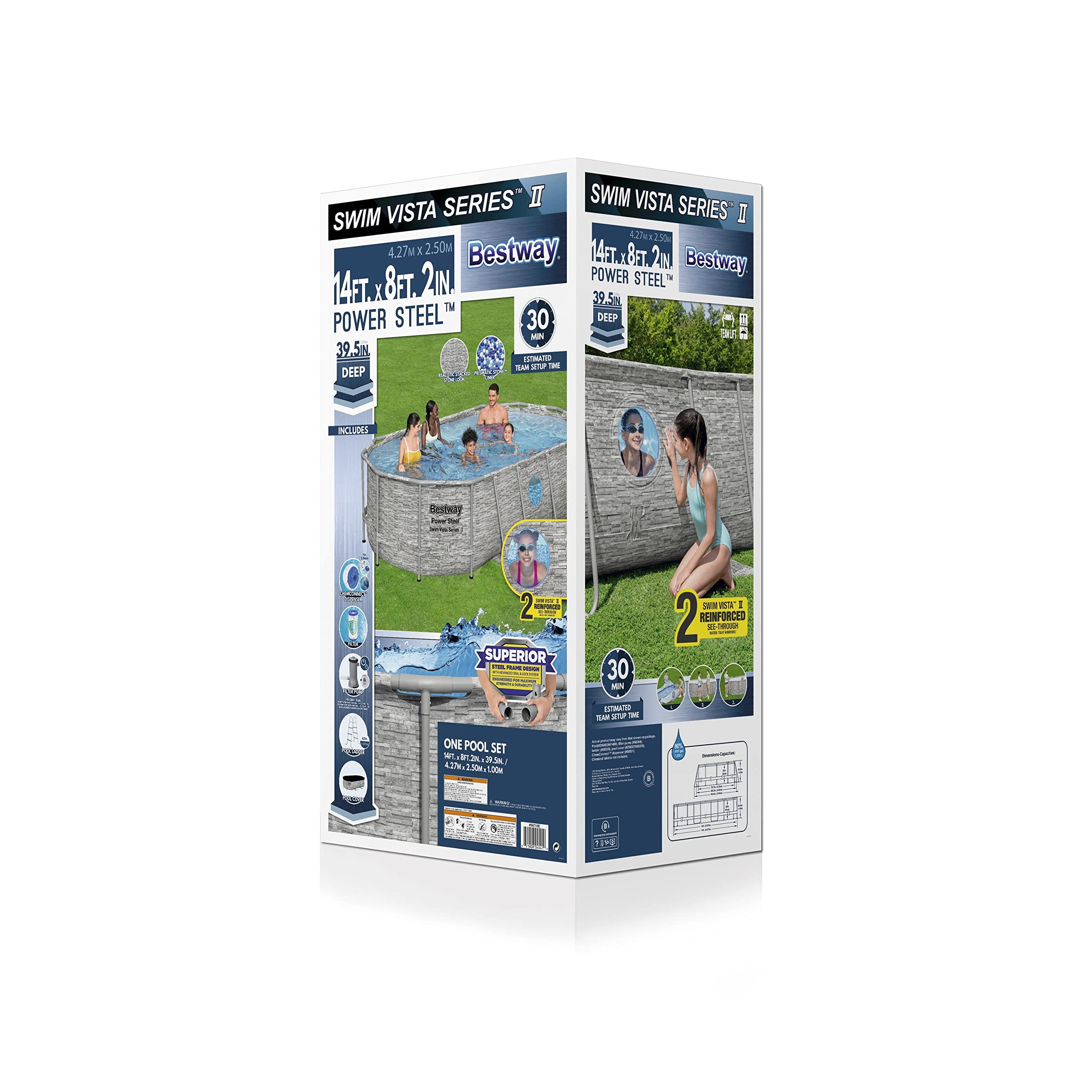 Bestway Steel Pro MAX 14' x 8'2" x 39.5" Oval Above Ground Swimming Pool Set, 530 GPH Filter Pump, Ladder, Tritech Puncture Resistant Liner, ClickConnect Steel Frame, Gray