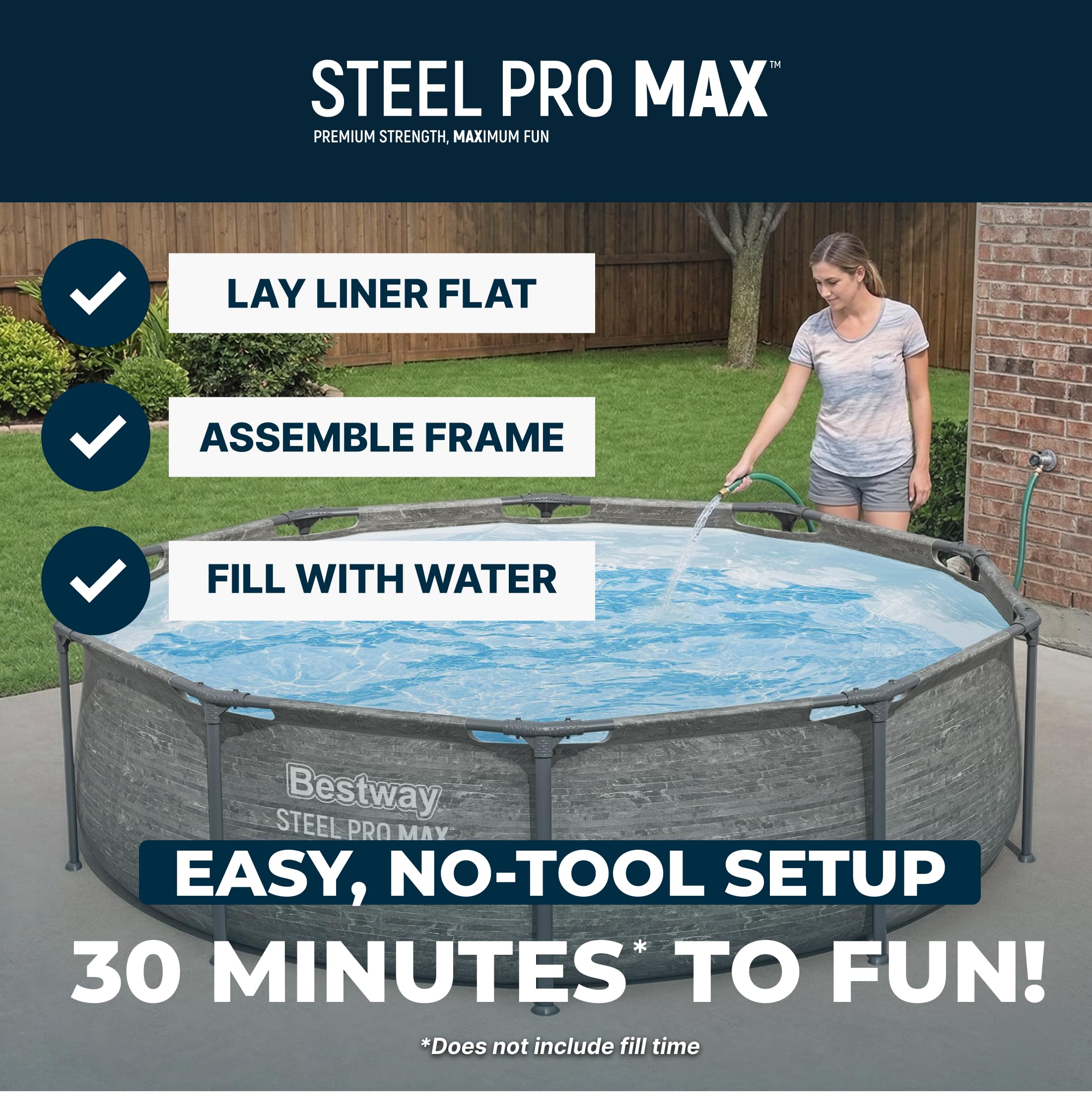 Bestway Steel Pro MAX 14' x 33" Round Above Ground Swimming Pool Set, 530 GPH Filter Pump, Tritech Puncture Resistant Liner, ClickConnect Steel Frame, Gray