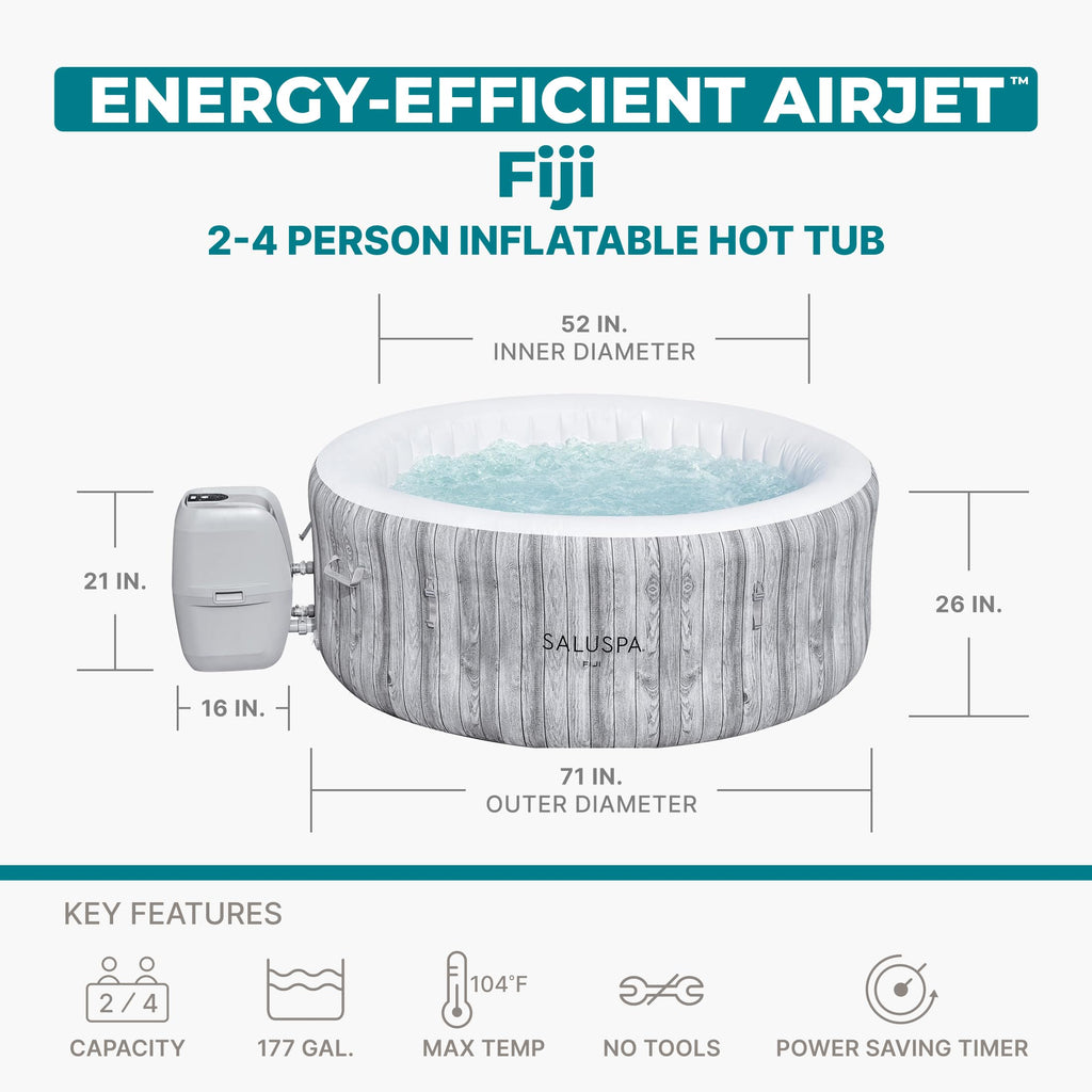 Bestway SaluSpa Fiji 2 to 4 Person Inflatable Hot Tub, Round Energy-Efficient Portable Outdoor Spa with 120 AirJets, 71" x 26"