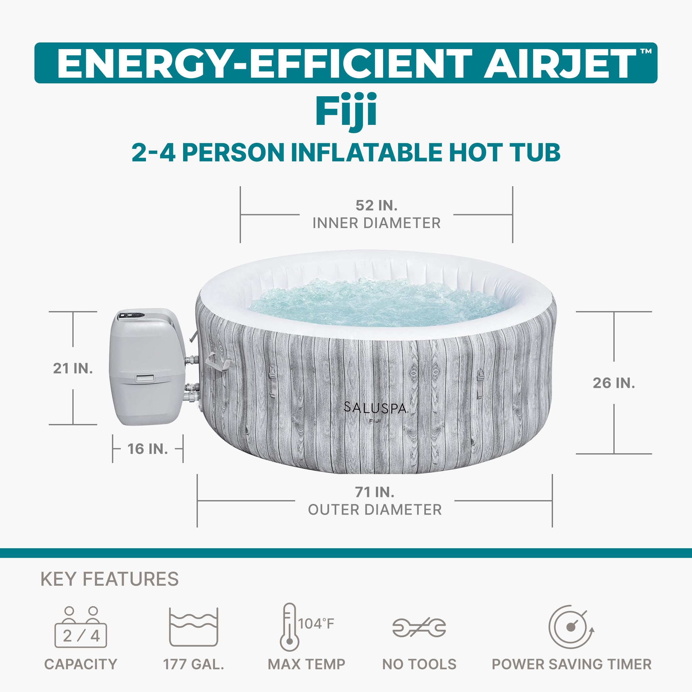 Bestway SaluSpa Fiji 2 to 4 Person Inflatable Hot Tub, Round Energy-Efficient Portable Outdoor Spa with 120 AirJets, 71" x 26"