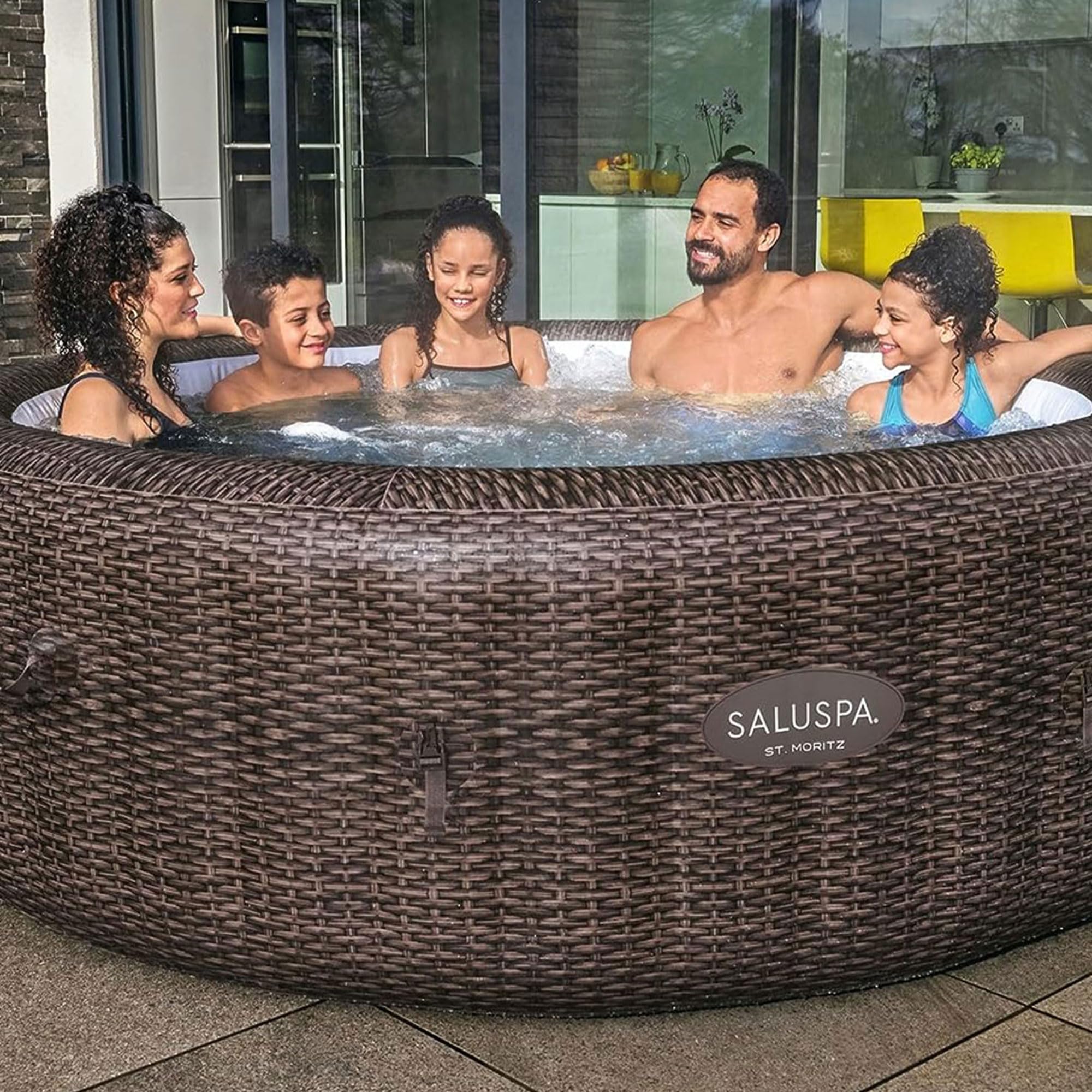 Bestway SaluSpa St Moritz Large Round AirJet 7 Person Inflatable Hot Tub Portable Outdoor Spa with 180 Soothing AirJets and Cover, Brown