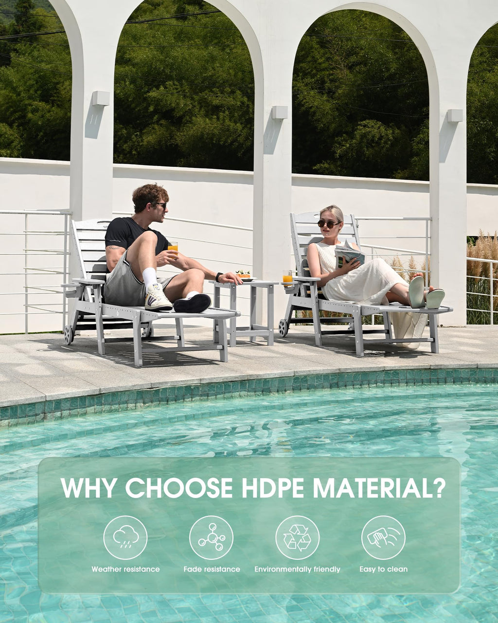 Lounge Chair Outdoor Set of 2, HDPE Chaise Lounge Outdoor, Pool Lounge Chair for Pool Poolside Deck Backyard Patio, Teak