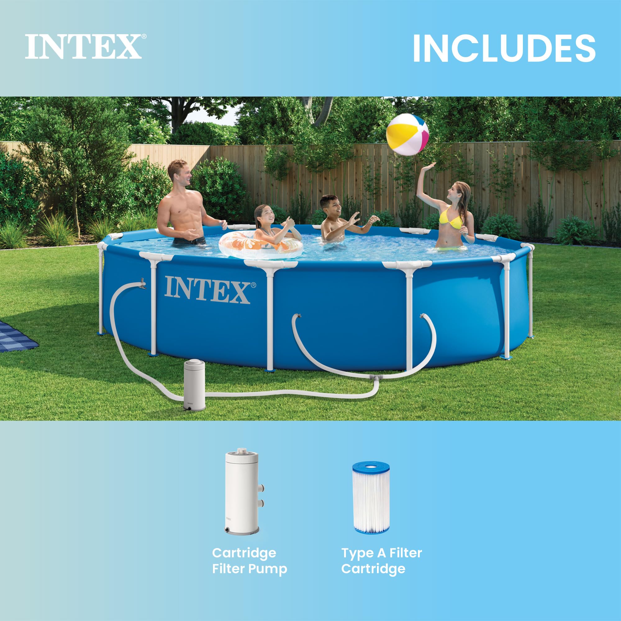 INTEX Metal Frame 15 ft x 48 in Above Ground Pool Set, Round Swimming Pool with Steel Frame, 1000 GPH Cartridge Filter Pump, and Type A Filter Cartridge