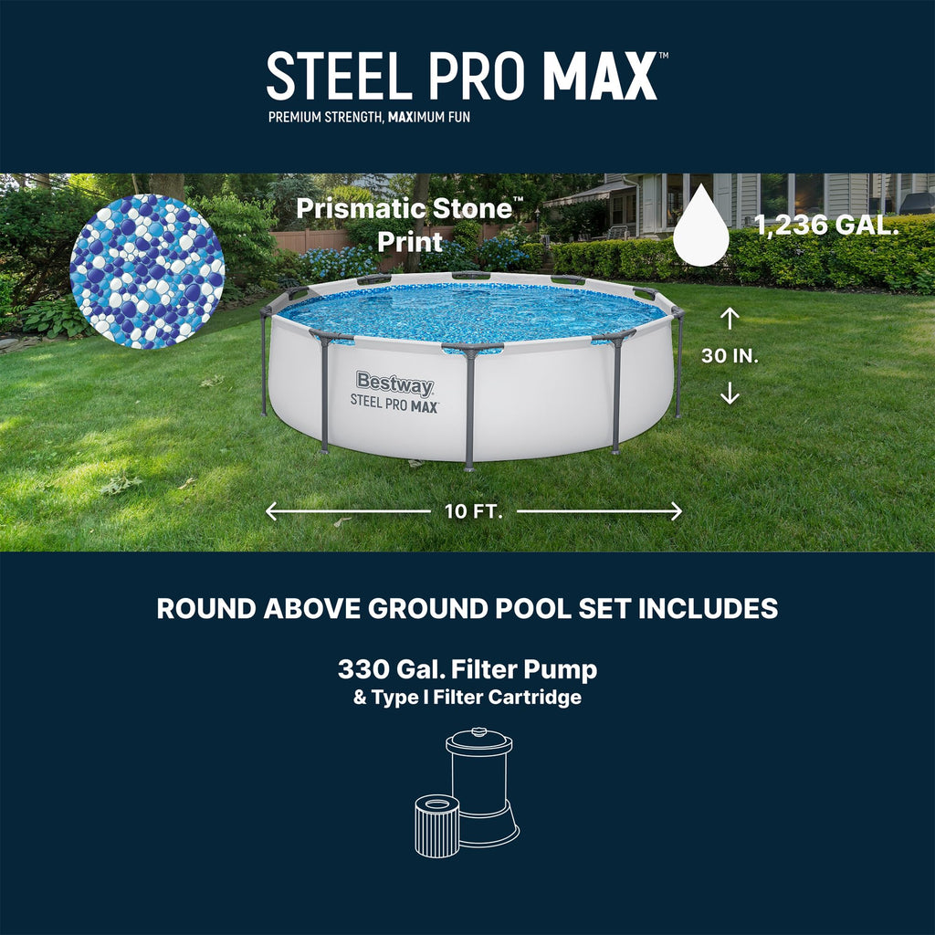 Bestway Steel Pro MAX 14' x 33" Round Above Ground Swimming Pool Set, 530 GPH Filter Pump, Tritech Puncture Resistant Liner, ClickConnect Steel Frame, Gray