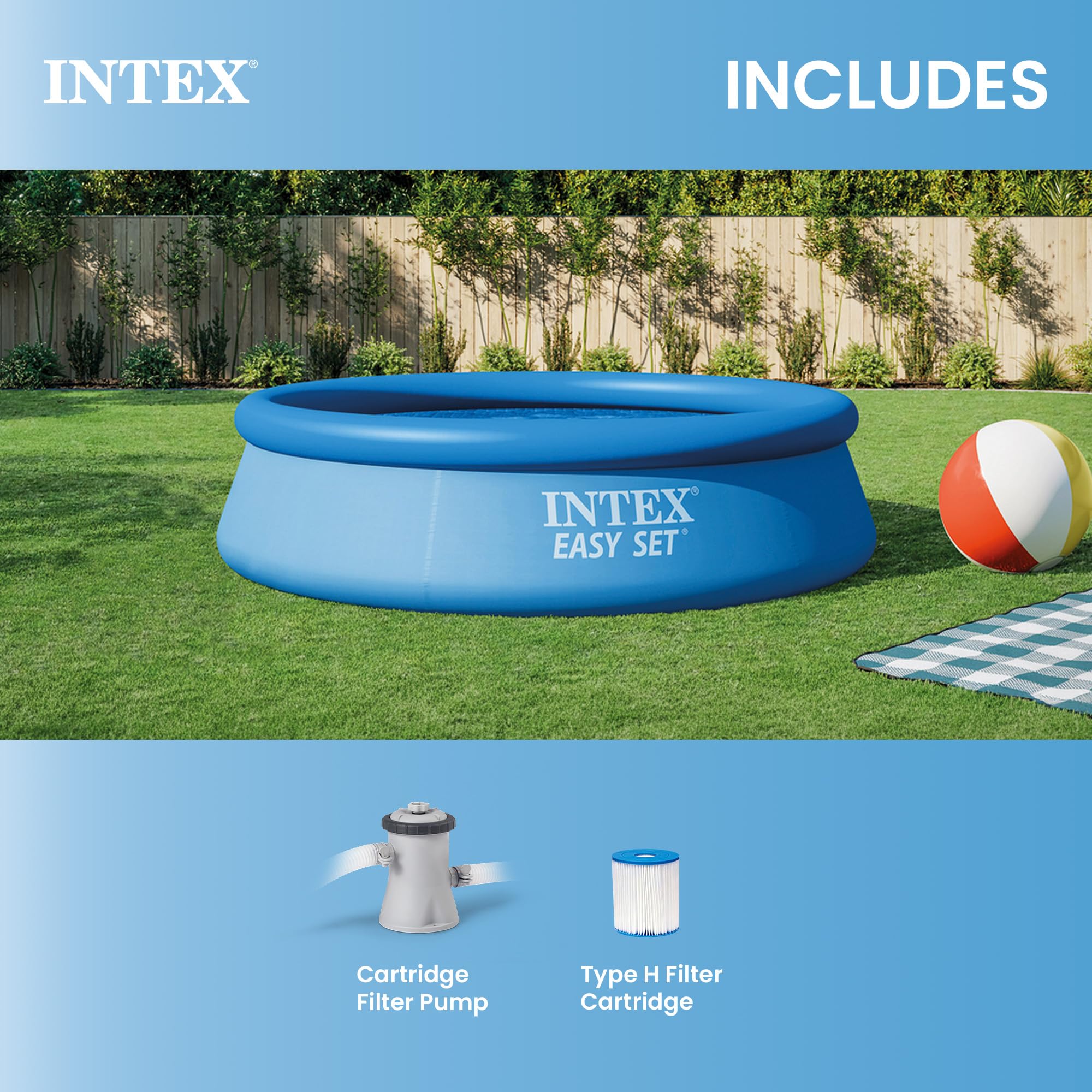 INTEX Easy Set 15 ft x 48in Above Ground Pool Set, Round Inflatable Swimming Pool with 1000 GPH Cartridge Filter Pump, Ladder, Cover, & Ground Cloth