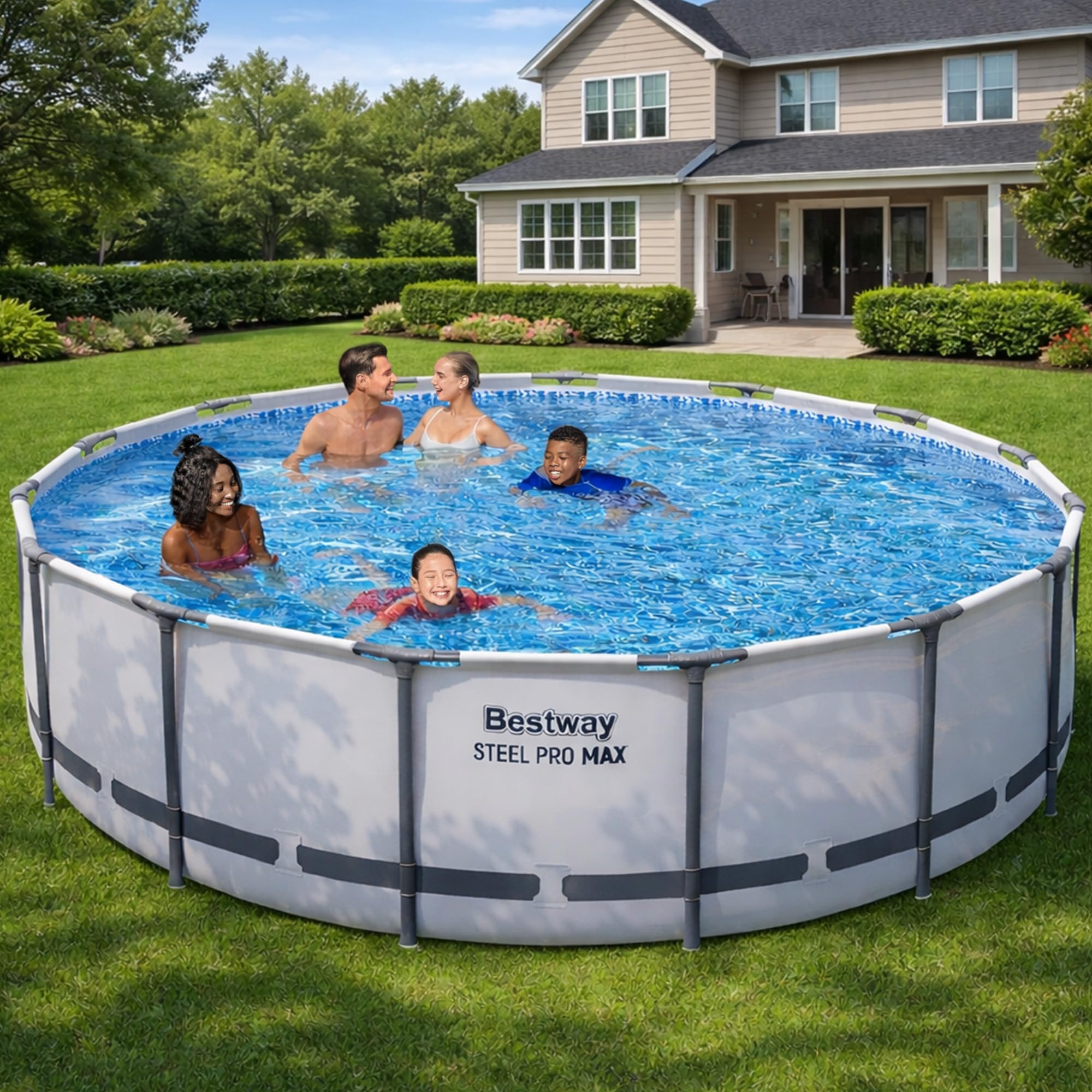 Bestway Steel Pro MAX 14' x 48" Above Ground Pool, Round Metal Frame Outdoor Swimming Pool Set with Filter Pump, Ladder, and Cover, Gray