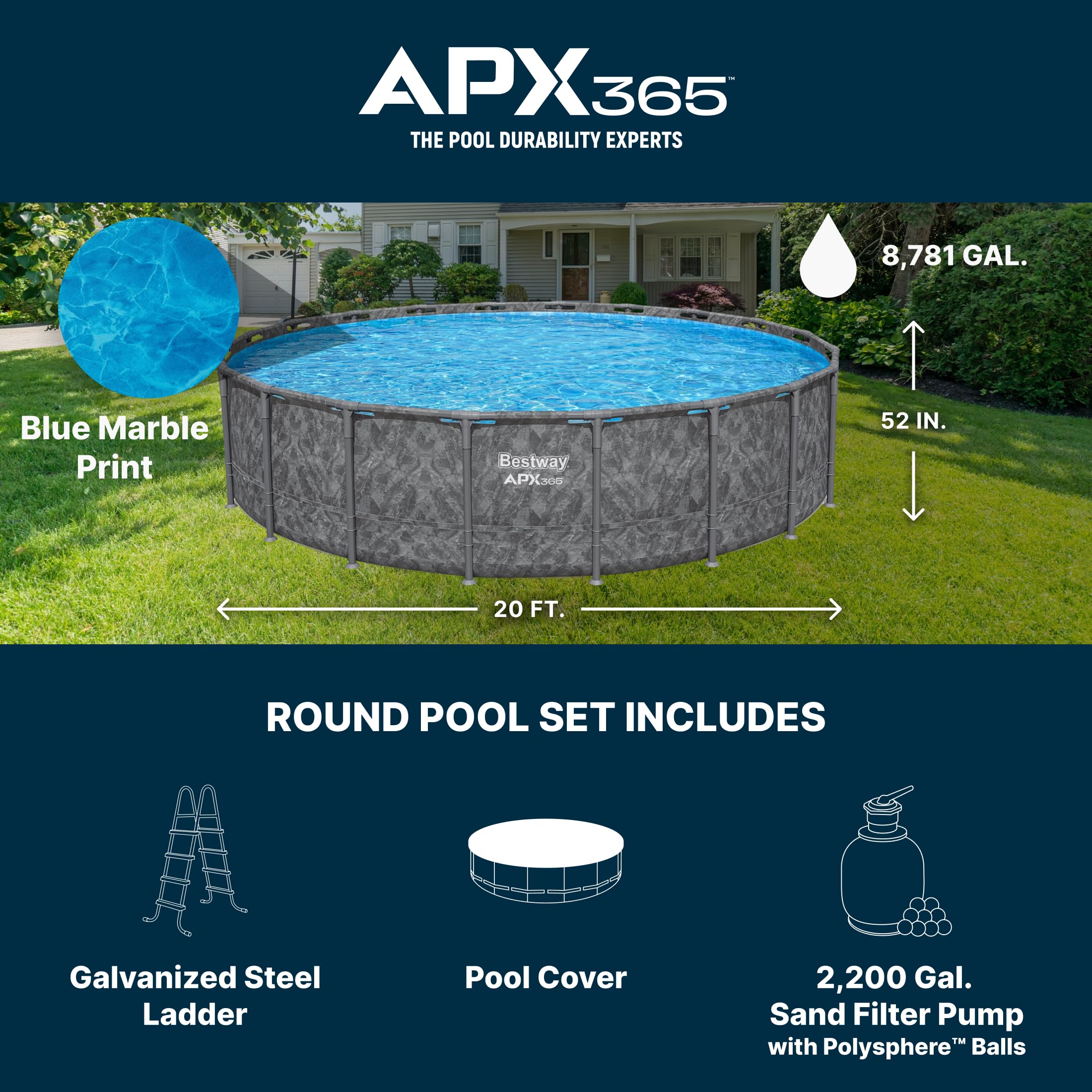Bestway APX 365 18' x 52" Above Ground Pool, Round Metal Frame Outdoor Swimming Pool Set with Sand Filter Pump, Ladder, and Cover, Dark Marble