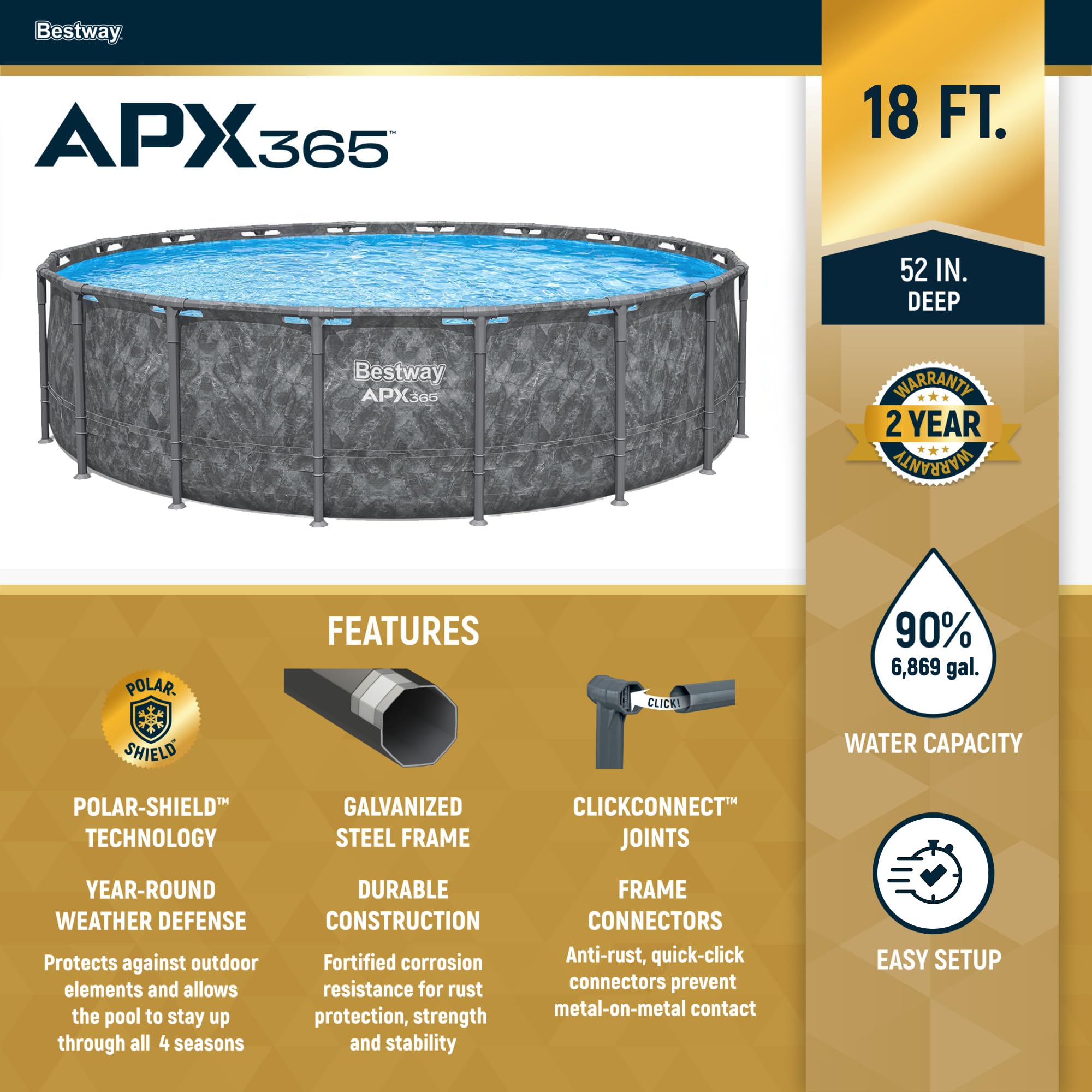 Bestway APX 365 18' x 52" Above Ground Pool, Round Metal Frame Outdoor Swimming Pool Set with Sand Filter Pump, Ladder, and Cover, Dark Marble