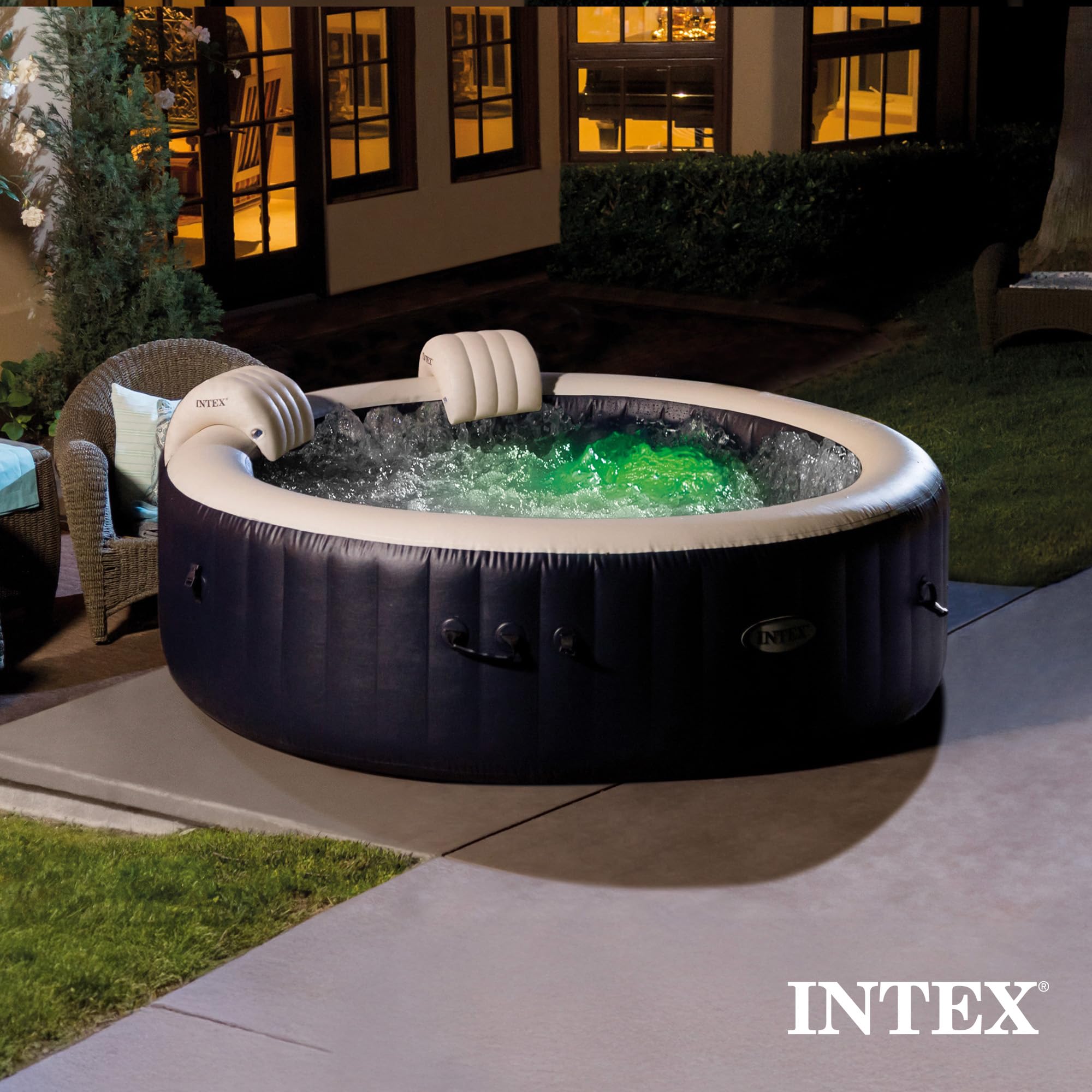 INTEX PureSpa Plus 6 Person Round Inflatable Hot Tub, Bubble Massage Spa Set with Energy Efficient Cover, 2 Headrests, & LED Light, 85 in x 28 in