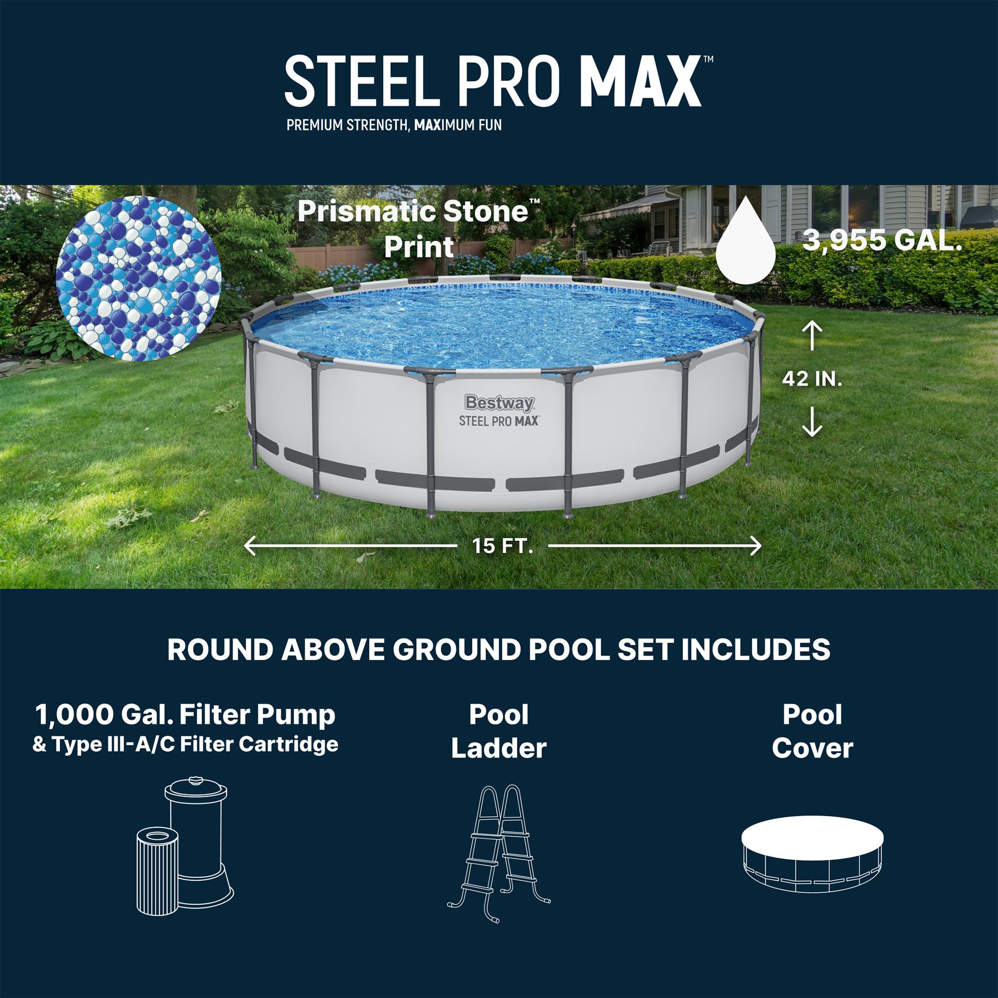Bestway Steel Pro MAX 14' x 48" Above Ground Pool, Round Metal Frame Outdoor Swimming Pool Set with Filter Pump, Ladder, and Cover, Gray