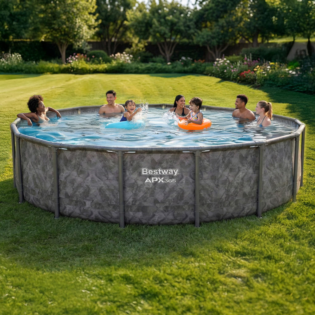 Bestway APX 365 18' x 52" Above Ground Pool, Round Metal Frame Outdoor Swimming Pool Set with Sand Filter Pump, Ladder, and Cover, Dark Marble