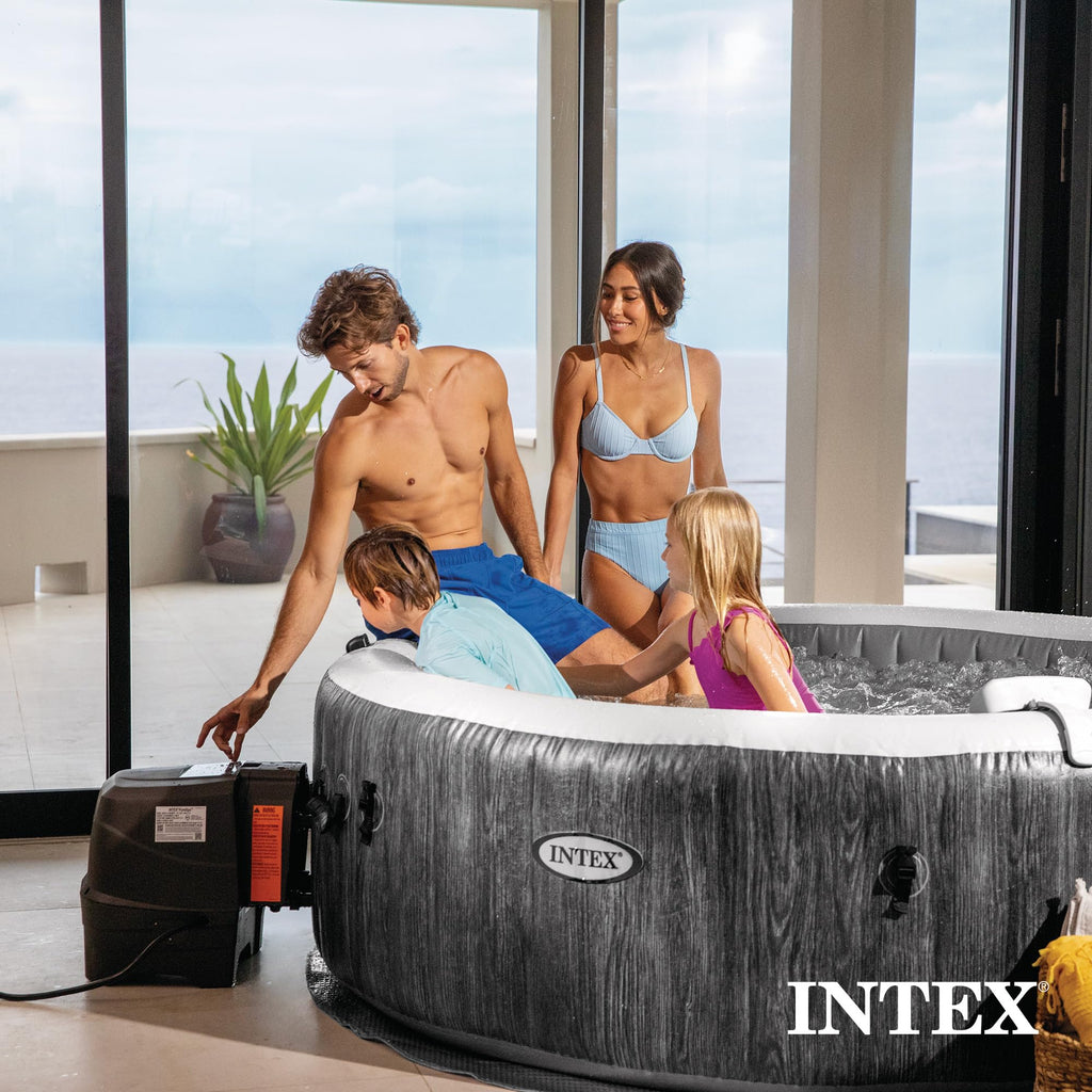 INTEX 28439EH PureSpa Greywood Deluxe Spa Set: Includes Energy Efficient Spa Cover - 140 Bubble Jets - Round Design - 4 Person Capacity - 77" x 28"