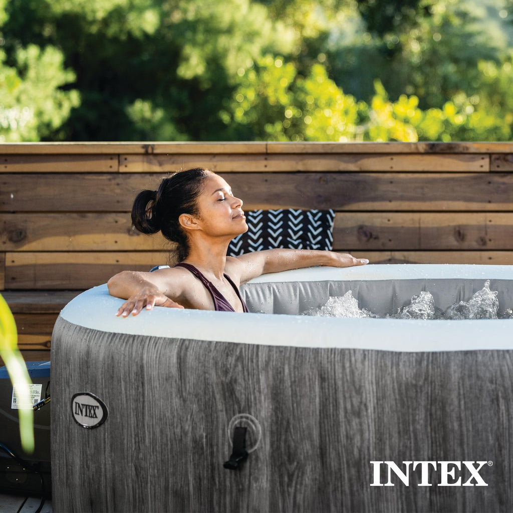INTEX 28439EH PureSpa Greywood Deluxe Spa Set: Includes Energy Efficient Spa Cover - 140 Bubble Jets - Round Design - 4 Person Capacity - 77" x 28"