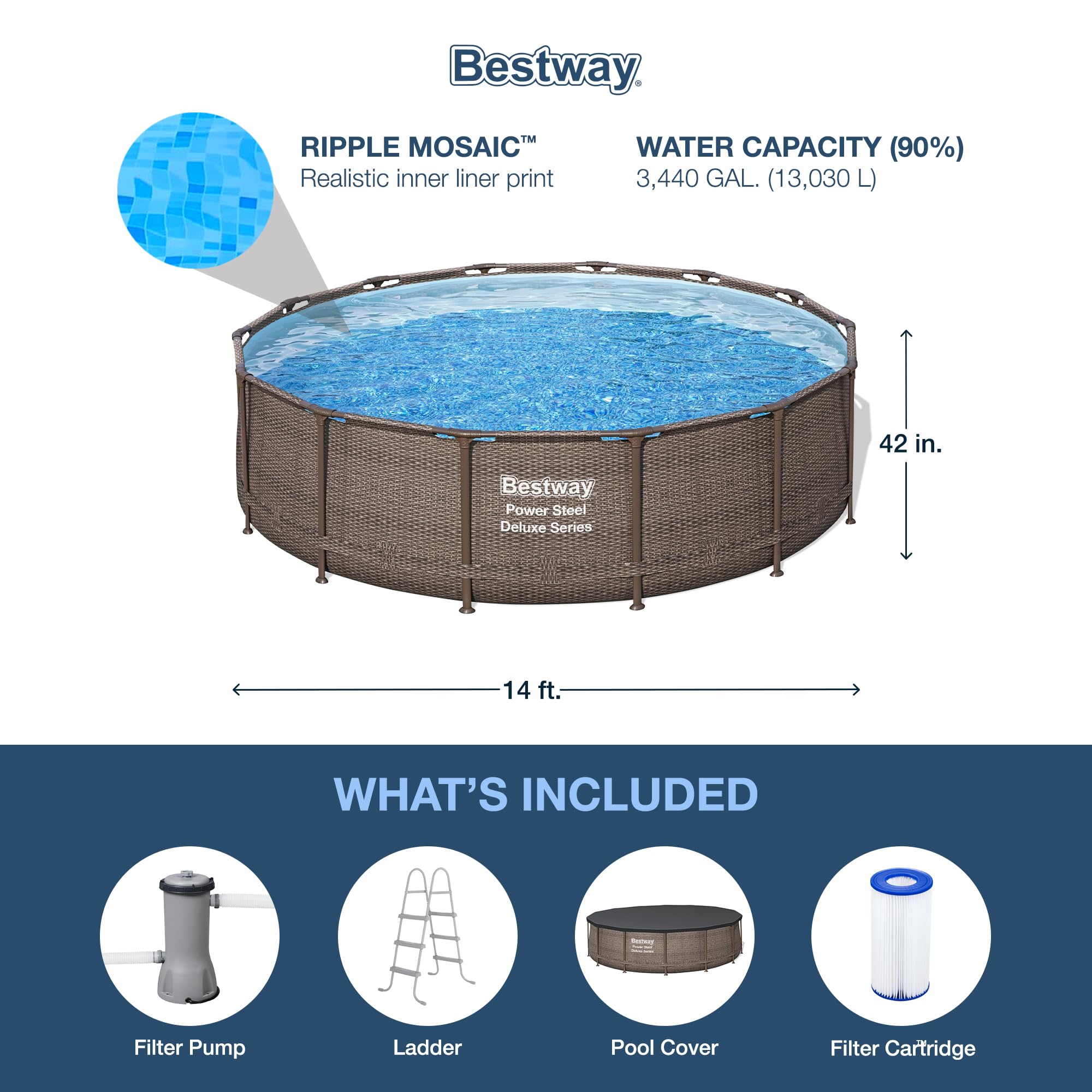 Bestway Power Steel 14’ x 42” Round Above Ground Outdoor Backyard Swimming Pool Set with 1,000 GPH Filter Pump, Ladder, and Pool Cover