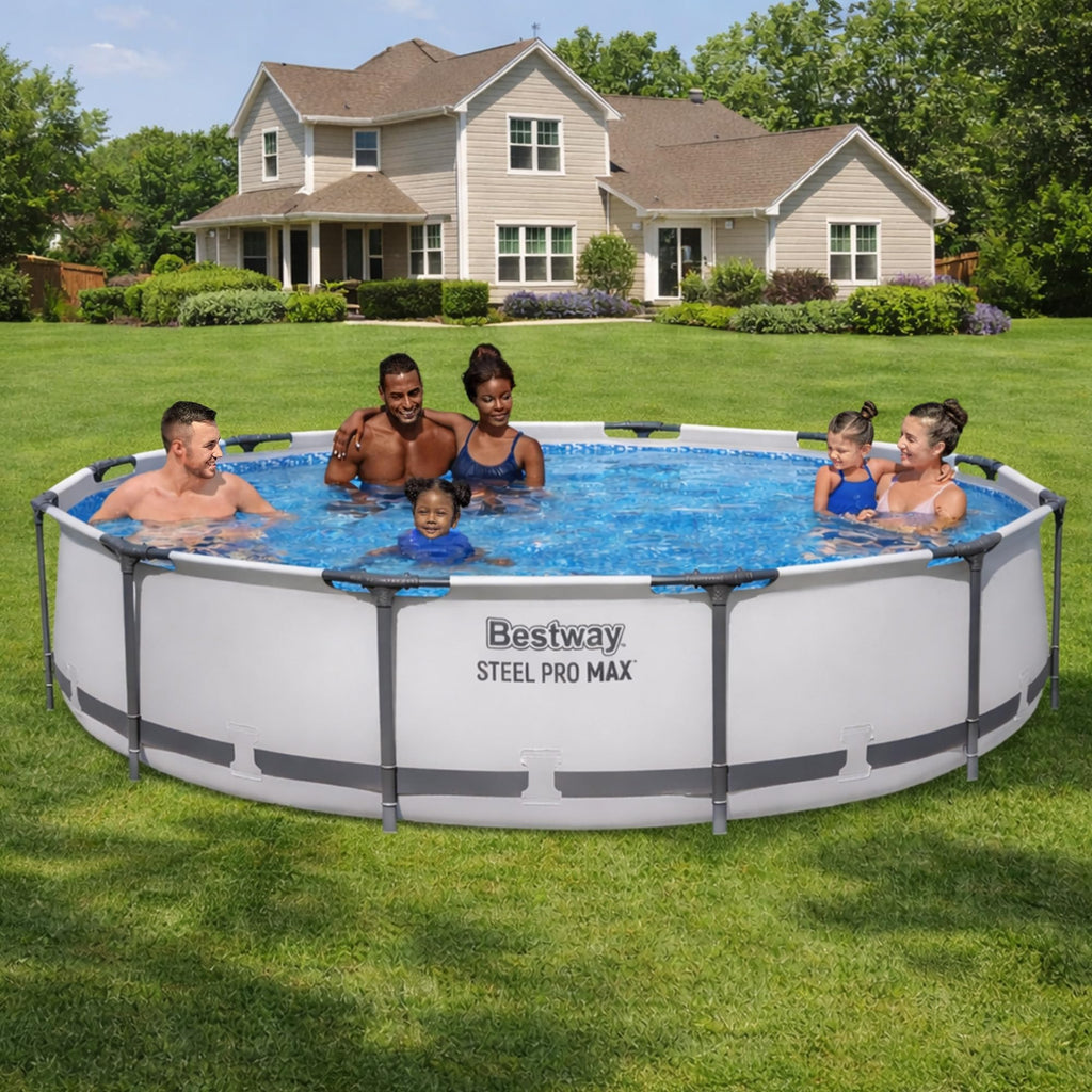 Bestway Steel Pro MAX 14' x 33" Round Above Ground Swimming Pool Set, 530 GPH Filter Pump, Tritech Puncture Resistant Liner, ClickConnect Steel Frame, Gray