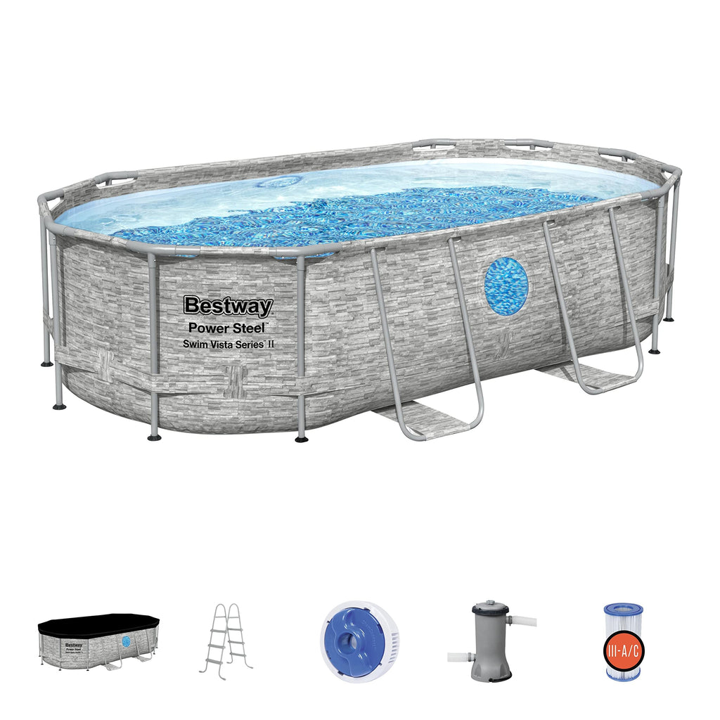 Bestway Steel Pro MAX 14' x 8'2" x 39.5" Oval Above Ground Swimming Pool Set, 530 GPH Filter Pump, Ladder, Tritech Puncture Resistant Liner, ClickConnect Steel Frame, Gray