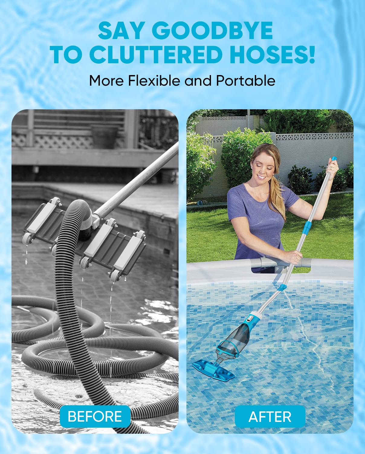 Cordless Pool Vacuum with Telescopic Pole, 18.5 GPM Powerful Suction, 1.5H Supercharge Technology, Handheld Pool Vacuum Cleaner for Above Ground/Inground Pools, Hot Tubs, Blue
