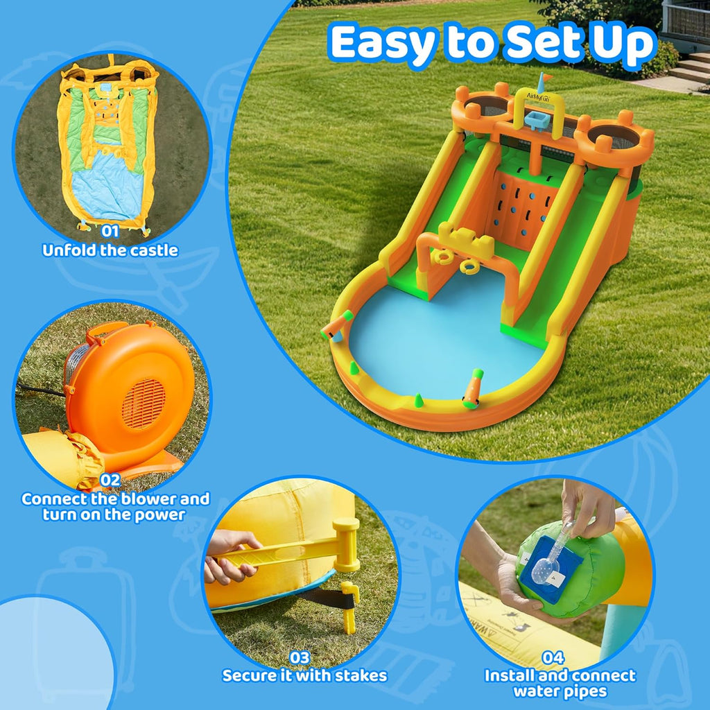 AirMyFun Inflatable Water Slide, 10 in 1 Multifunctional Water Park for Kids Backyard with Double Slides, Climbing Wall,2 Basketball Hoop,Dual Water Cannons, Inflatable Water Bounce House with Blower