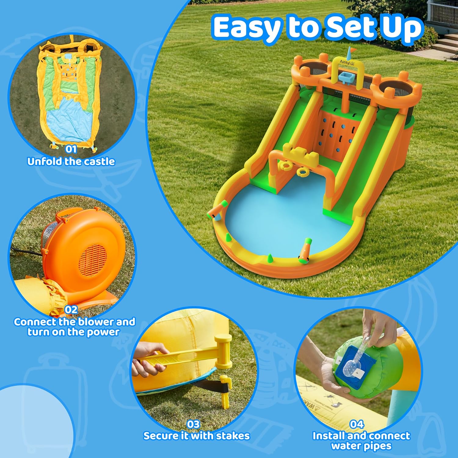AirMyFun Inflatable Water Slide, 10 in 1 Multifunctional Water Park for Kids Backyard with Double Slides, Climbing Wall,2 Basketball Hoop,Dual Water Cannons, Inflatable Water Bounce House with Blower