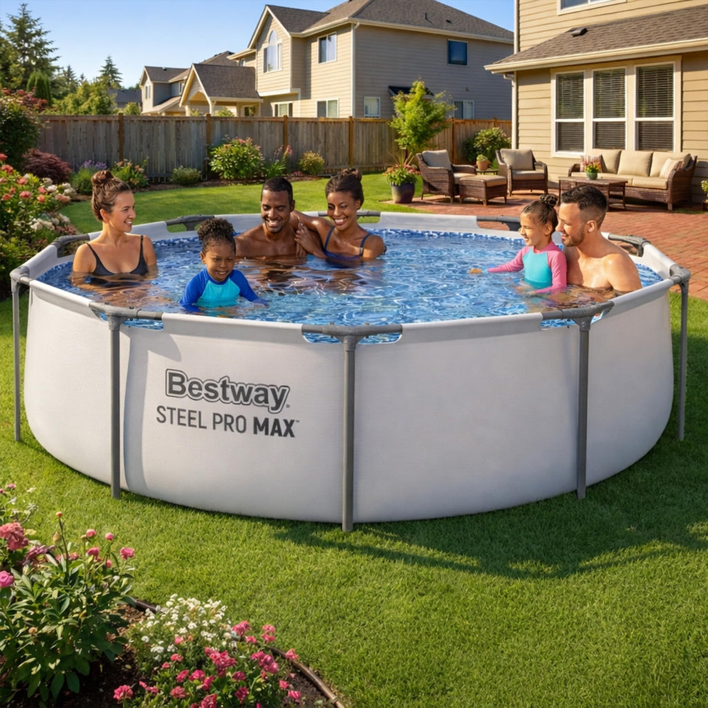 Bestway Steel Pro MAX 14' x 33" Round Above Ground Swimming Pool Set, 530 GPH Filter Pump, Tritech Puncture Resistant Liner, ClickConnect Steel Frame, Gray