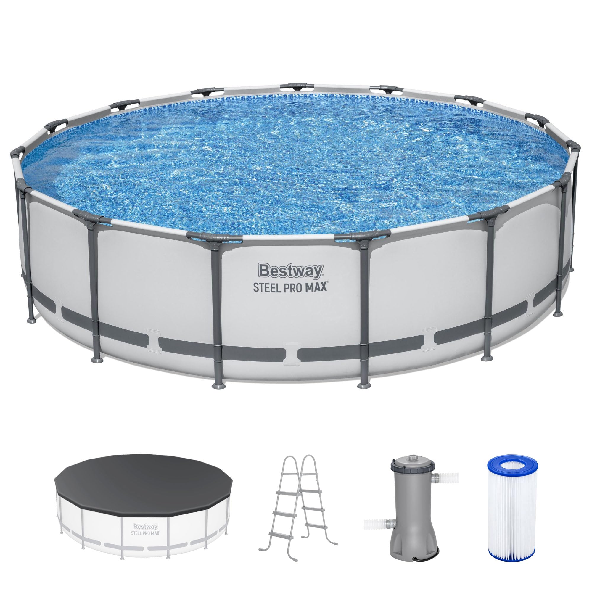 Bestway Steel Pro MAX 15' x 48" Above Ground Pool, Round Metal Frame Outdoor Swimming Pool Set with Filter Pump, Ladder, and Cover, Gray