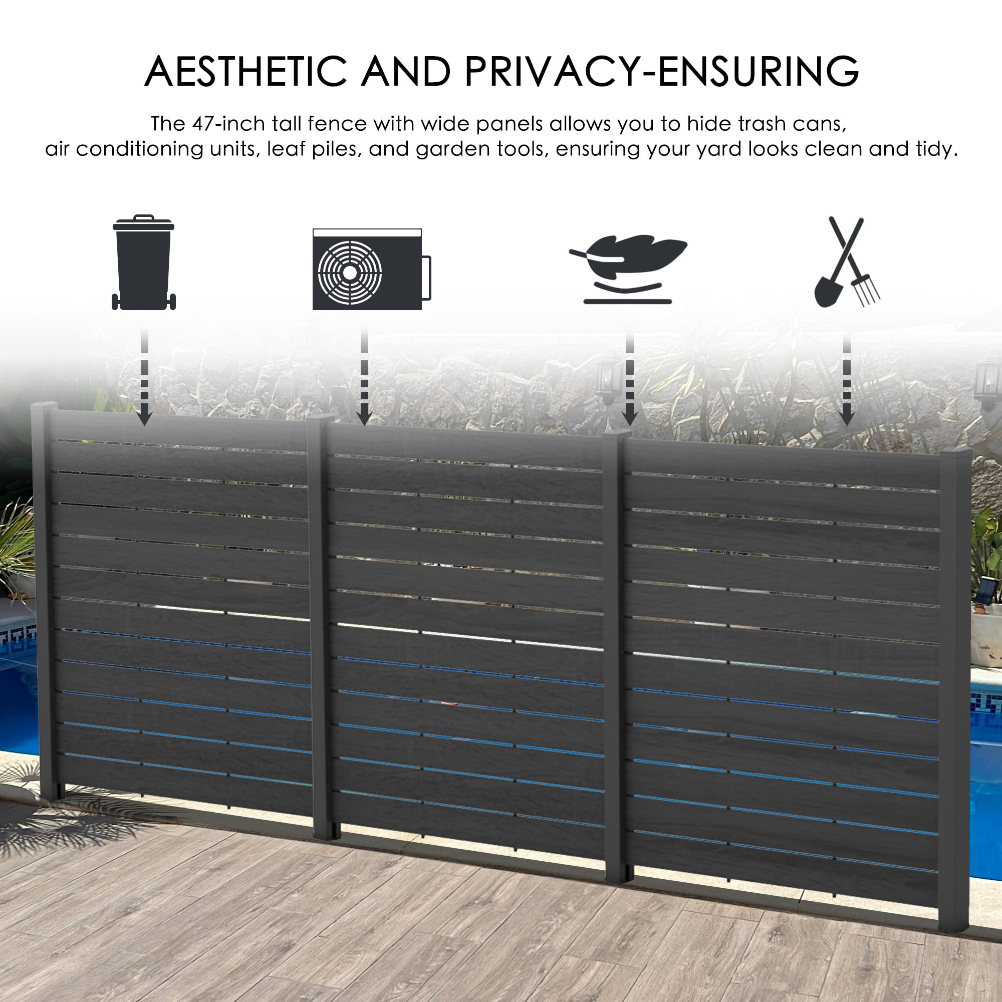 Kozyard 50" W x 48" H Outdoor Privacy Screens Aluminum Post, Air Conditioner Fence Panels, Pool Equipment Enclosure, Trash Can Screens Fence Kit for Outside Backyard Patio(Black/4Panels)