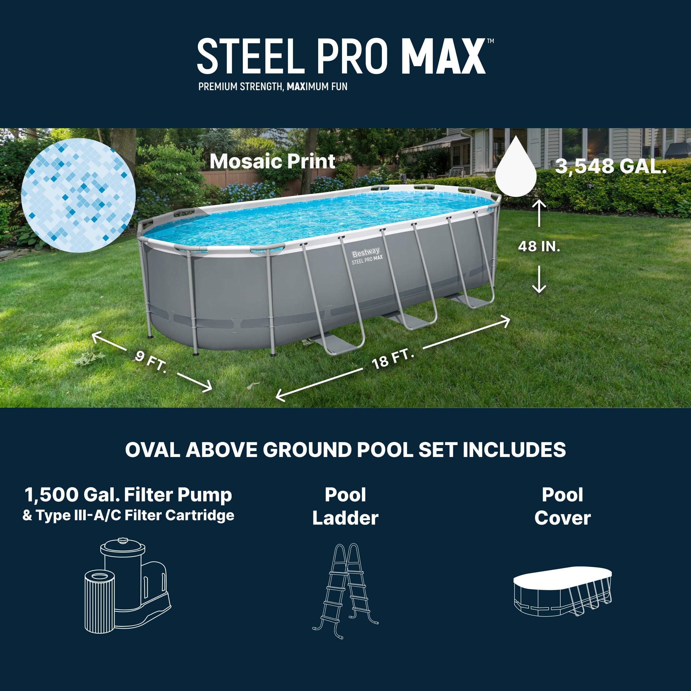 Bestway Power Steel 20’ x 12’ x 48” Above Ground Pool, Oval Metal Frame Outdoor Swimming Pool Set with Filter Pump, Ladder, and Cover