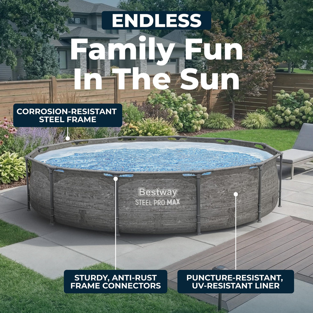 Bestway Steel Pro MAX 14' x 33" Round Above Ground Swimming Pool Set, 530 GPH Filter Pump, Tritech Puncture Resistant Liner, ClickConnect Steel Frame, Gray