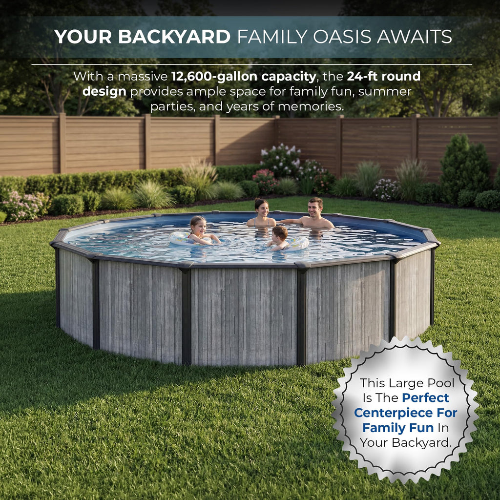 Blue Wave San Pedro 24-ft Round 52-in Deep Hard Sided Steel Frame Above Ground Pool with 6-in Steel Top Seats, Dual-Speed Sand Filter System, Ladder, Skimmer & Liner – 12,600 Gallon Cap for Family Use