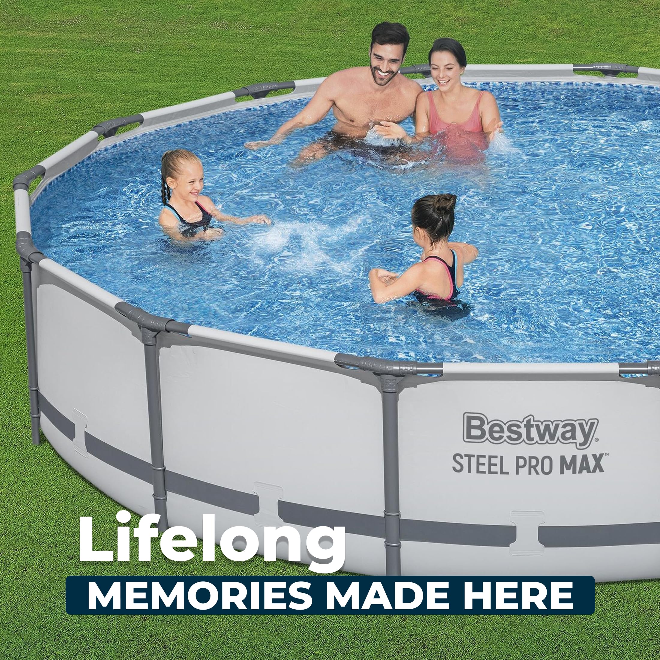 Bestway Steel Pro MAX 14' x 33" Round Above Ground Swimming Pool Set, 530 GPH Filter Pump, Tritech Puncture Resistant Liner, ClickConnect Steel Frame, Gray