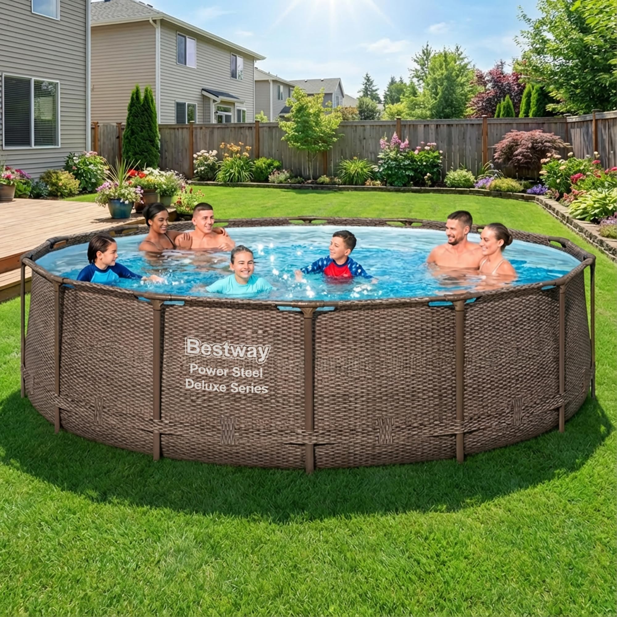 Bestway Power Steel 14’ x 42” Round Above Ground Outdoor Backyard Swimming Pool Set with 1,000 GPH Filter Pump, Ladder, and Pool Cover
