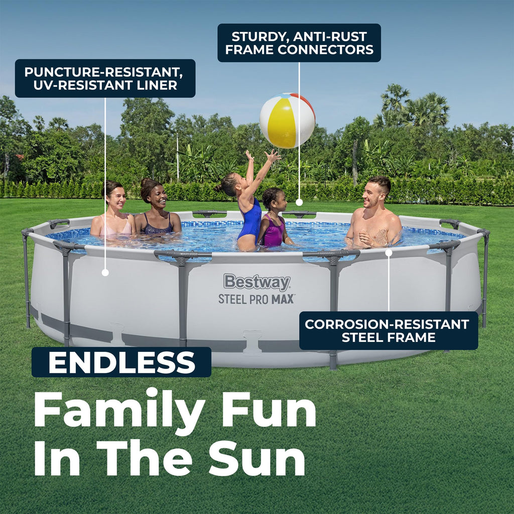 Bestway Steel Pro MAX 14' x 33" Round Above Ground Swimming Pool Set, 530 GPH Filter Pump, Tritech Puncture Resistant Liner, ClickConnect Steel Frame, Gray