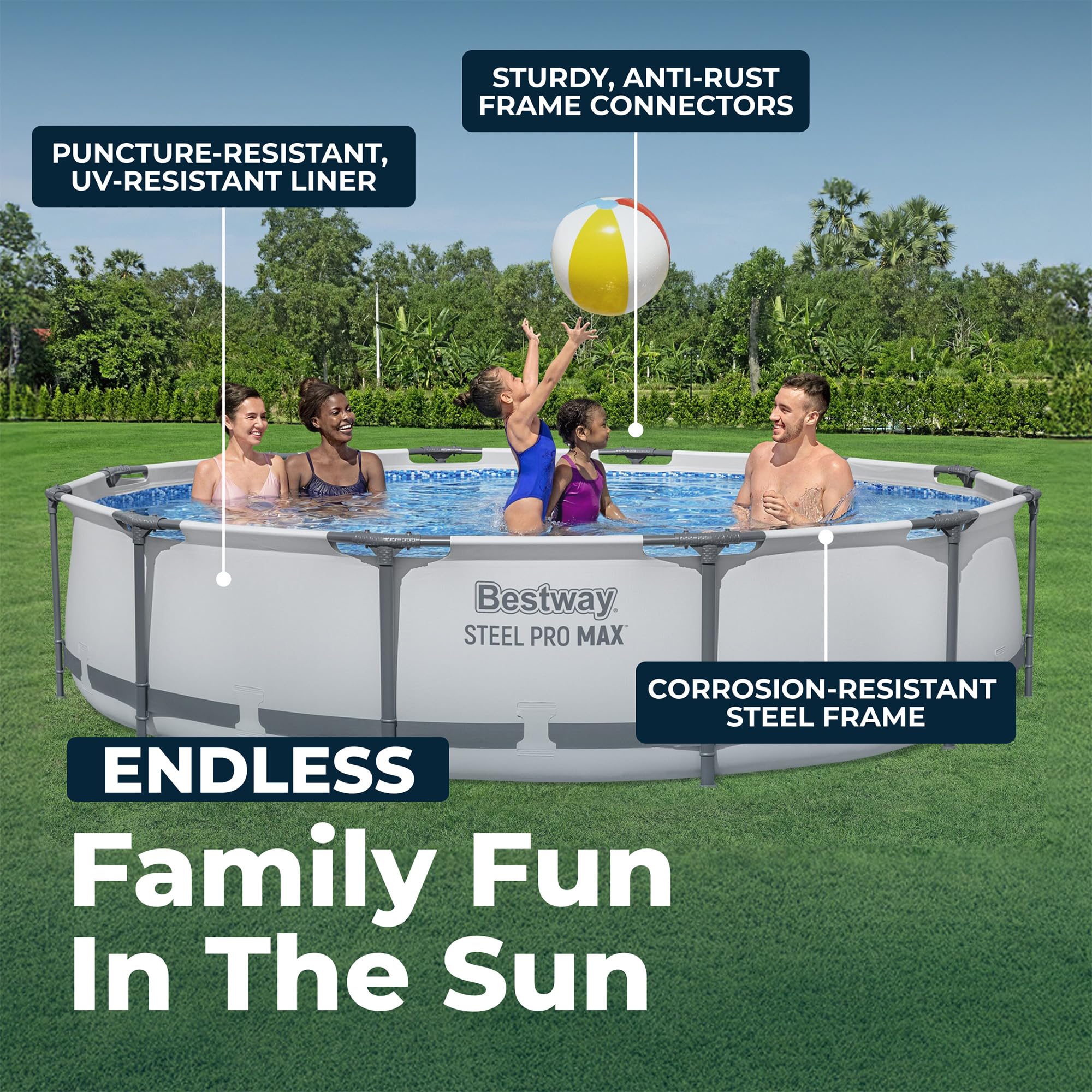 Bestway Steel Pro MAX 14' x 33" Round Above Ground Swimming Pool Set, 530 GPH Filter Pump, Tritech Puncture Resistant Liner, ClickConnect Steel Frame, Gray