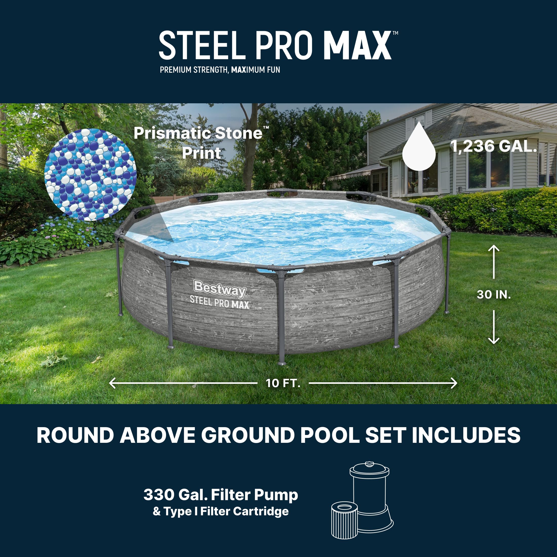 Bestway Steel Pro MAX 14' x 33" Round Above Ground Swimming Pool Set, 530 GPH Filter Pump, Tritech Puncture Resistant Liner, ClickConnect Steel Frame, Gray
