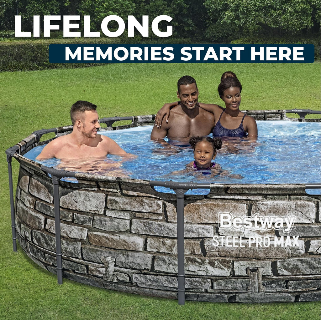 Bestway Steel Pro MAX 14' x 33" Round Above Ground Swimming Pool Set, 530 GPH Filter Pump, Tritech Puncture Resistant Liner, ClickConnect Steel Frame, Gray