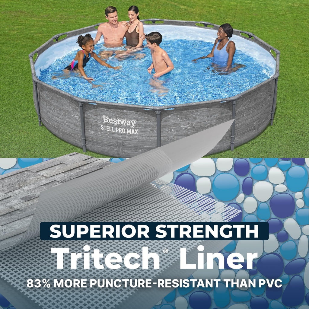 Bestway Steel Pro MAX 14' x 33" Round Above Ground Swimming Pool Set, 530 GPH Filter Pump, Tritech Puncture Resistant Liner, ClickConnect Steel Frame, Gray