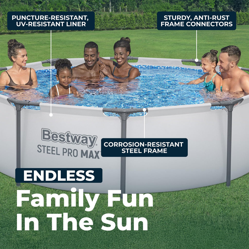 Bestway Steel Pro MAX 14' x 33" Round Above Ground Swimming Pool Set, 530 GPH Filter Pump, Tritech Puncture Resistant Liner, ClickConnect Steel Frame, Gray