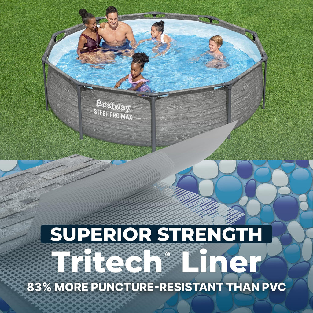Bestway Steel Pro MAX 14' x 33" Round Above Ground Swimming Pool Set, 530 GPH Filter Pump, Tritech Puncture Resistant Liner, ClickConnect Steel Frame, Gray