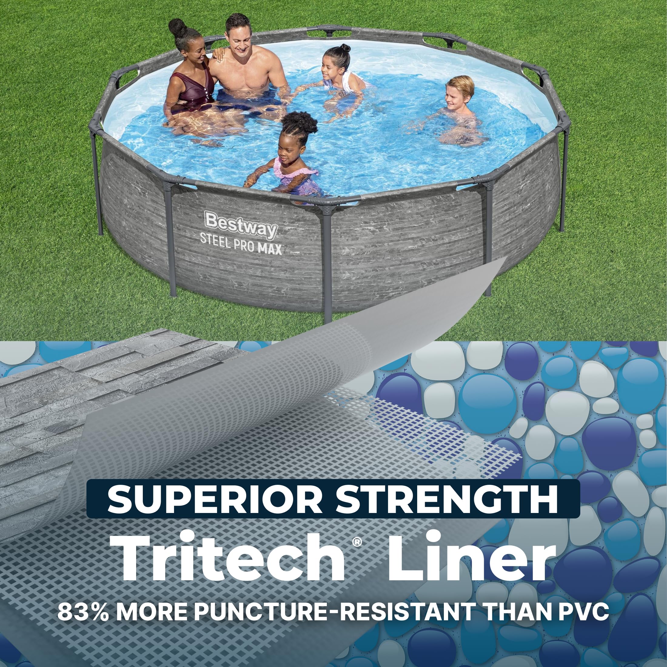 Bestway Steel Pro MAX 14' x 33" Round Above Ground Swimming Pool Set, 530 GPH Filter Pump, Tritech Puncture Resistant Liner, ClickConnect Steel Frame, Gray