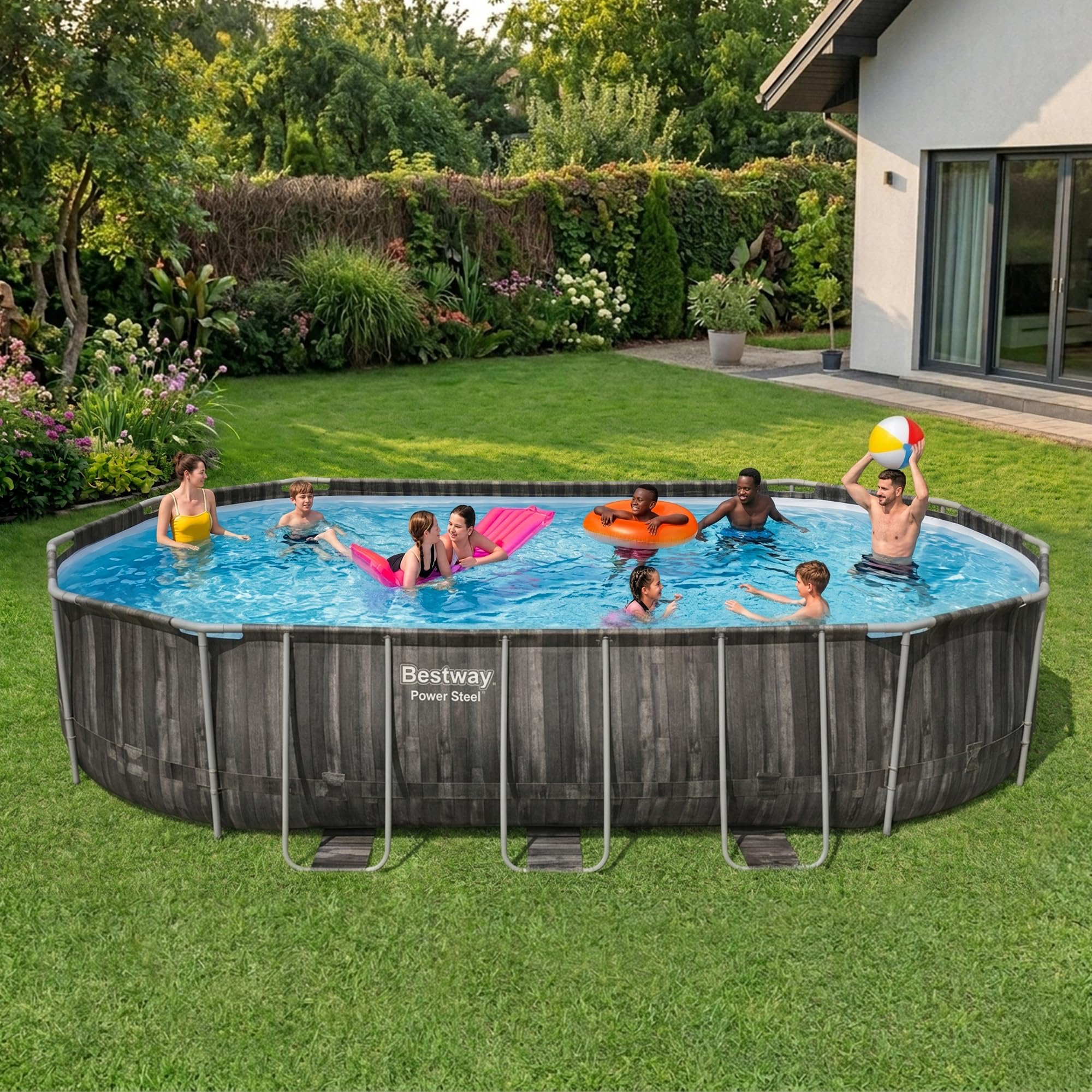 Bestway Power Steel 20’ x 12’ x 48” Above Ground Pool, Oval Metal Frame Outdoor Swimming Pool Set with Filter Pump, Ladder, and Cover